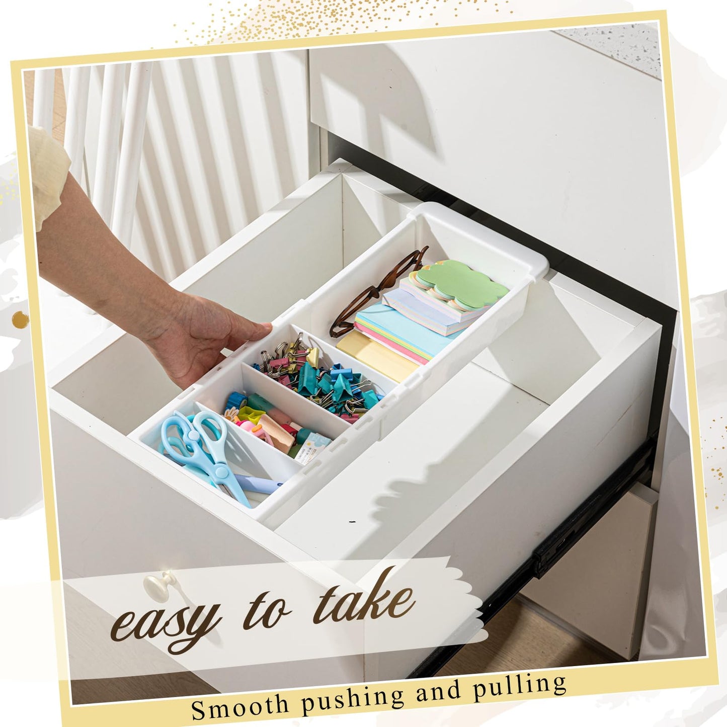 BrightRow 3 Pcs Expandable Drawer Organizer Bins Adjustable Deep Drawer Hanging Organizer Tray Expandable 11.4 to 18.1 Inches Plastic Dividers Storage for Office Bathroom Bedroom Kitchen Desk, White