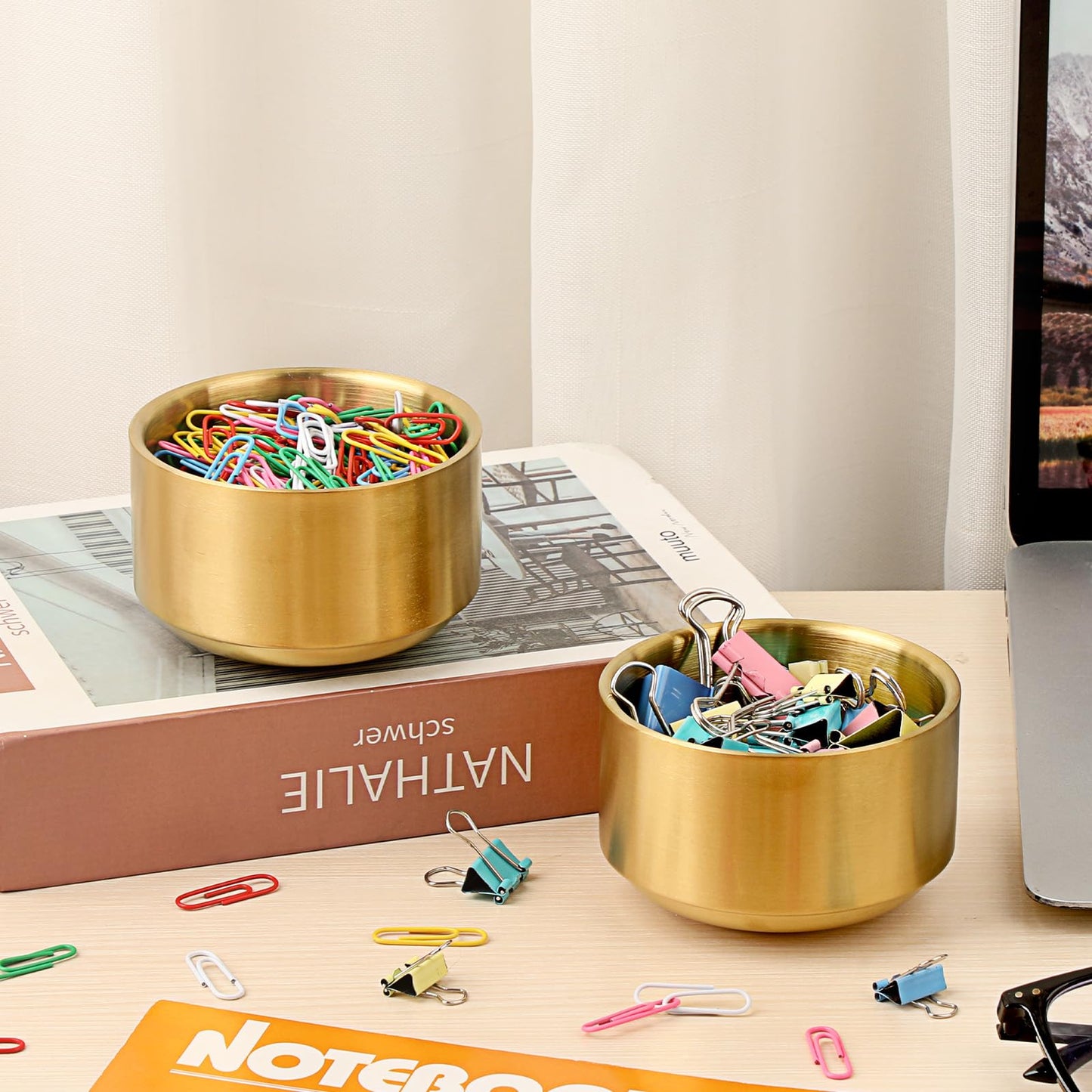 BTSKY 2 Pack Golden Paper Clip Holder, Stackable Paperclip Box Metal Storage Bowl for Office Supply Accessories, Round Small Storage Holder Cute Jewelry Organizer for Office Bathroom Vanity