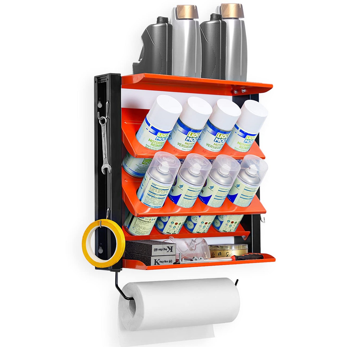 Ultrawall Spray Can Holder Rack With Paper Towel Holder, Steel Wall Mounted Spray Bottle Holder, Garage Wall Mount Shelf, Utility Storage Rack, Tool Storage Rack, Holds 100 lbs