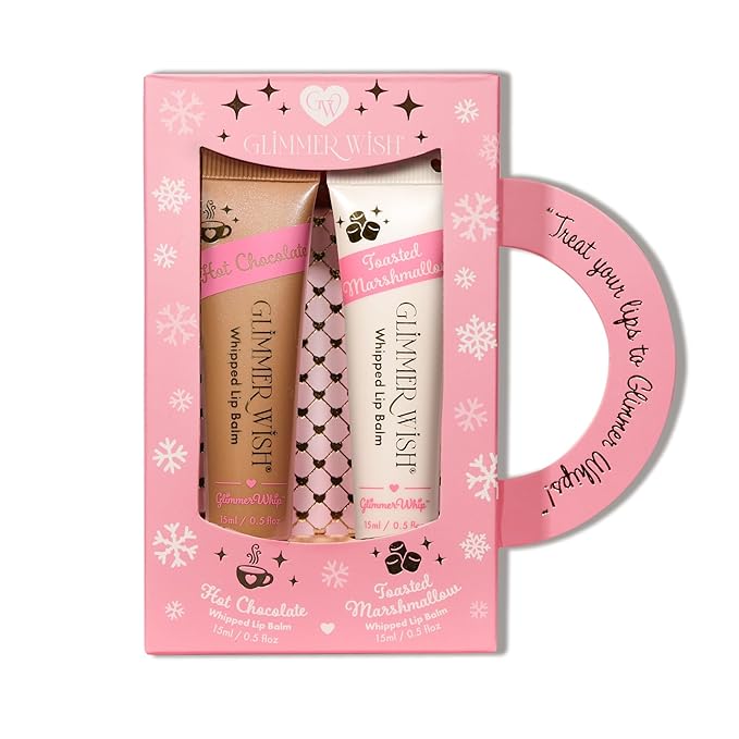Glimmer Whips Whipped Lip Balm – Hot Chocolate & Toasted Marshmallow, Organic Butters & Oils, Heart-Shaped Applicator, 100% Sugar Cane Tube, Vegan, Cruelty-Free