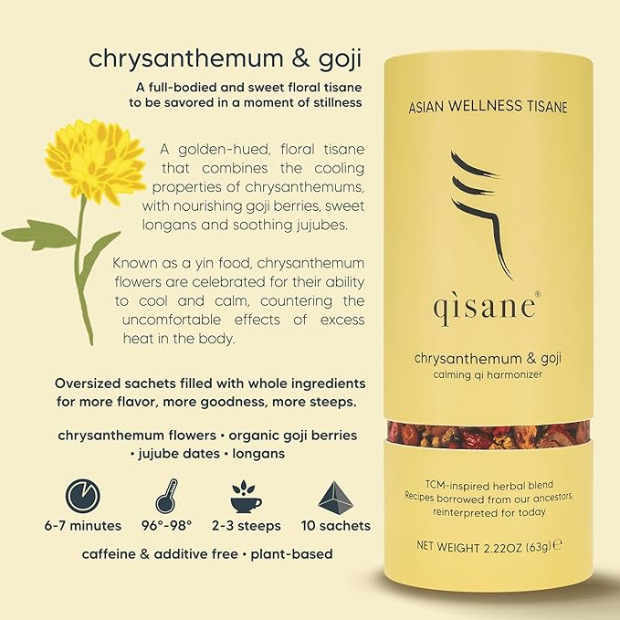 qìsane Chrysanthemum Tea Bags with Organic Dried Goji Berries - Dried Chrysanthemum Flowers, Dried Longan Fruit & Jujube Dates - Herbal Tea to Support Calmness & Well-Being - 10 sachets (~30 cups)