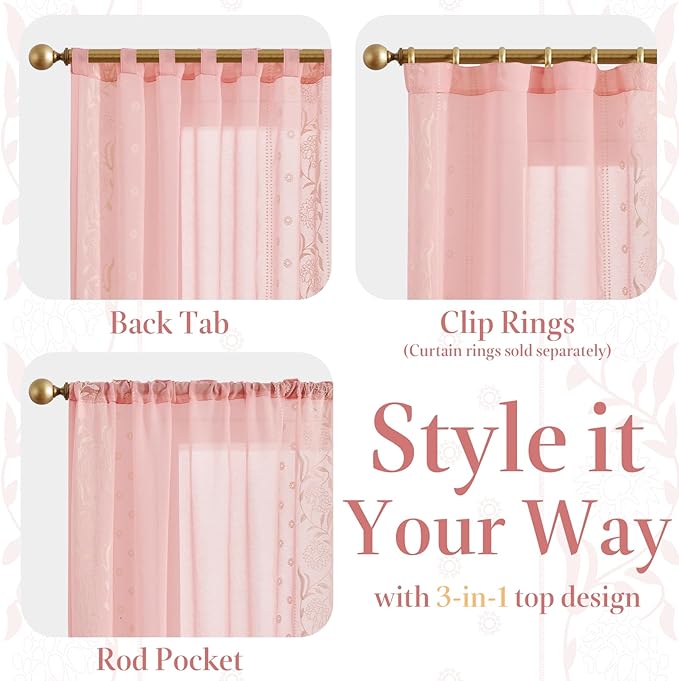 jinchan Winslow Sheer Curtains 96 Inch for Bedroom Living Room Embroidered Bordered Floral Nursery Curtains for Girls Room Light Filtering, Beige on Pink, 2 Panels, 50W x 96L