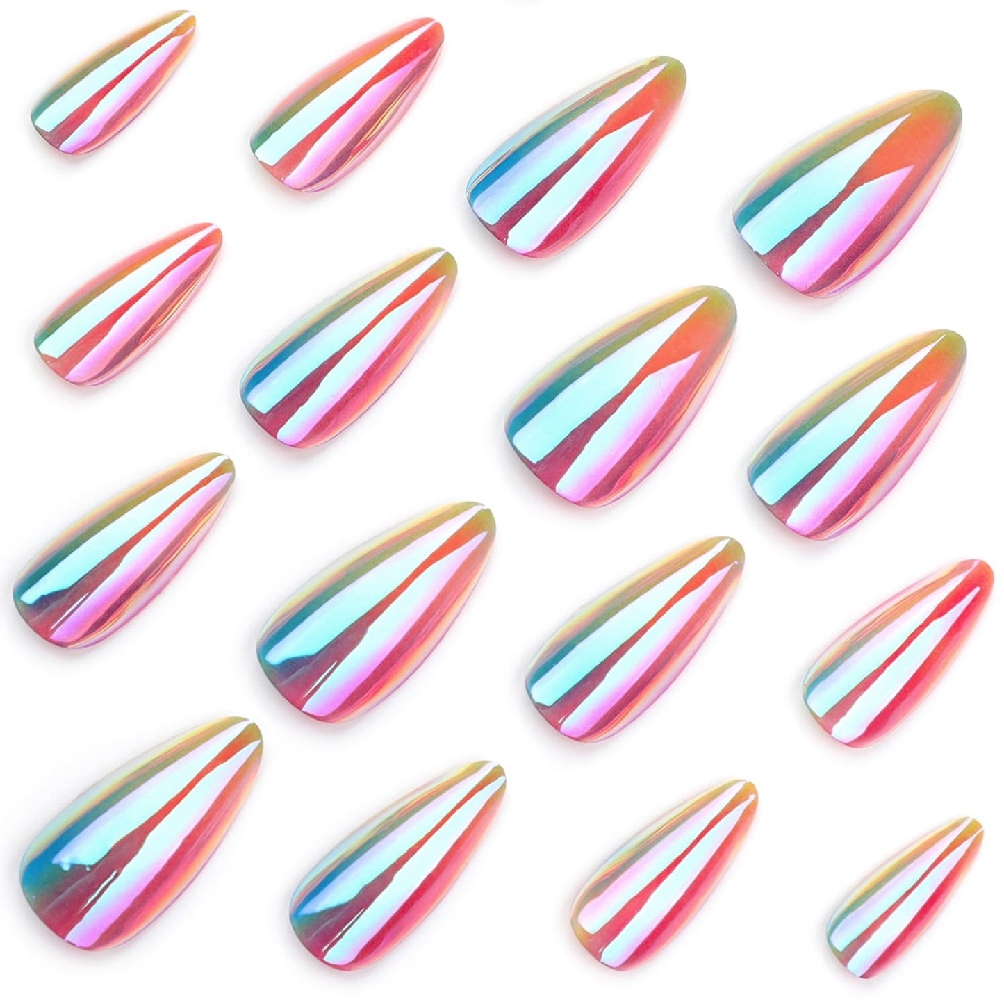 CJDLTS Almond Press on Nails Medium Colorful Plating False Nails Glossy Reusable Full Cover Coffin Nails Acrylic Artificial Nails Almond Stick on Nails DIY Glue on Nails for Women Manicure Kit 24Pcs
