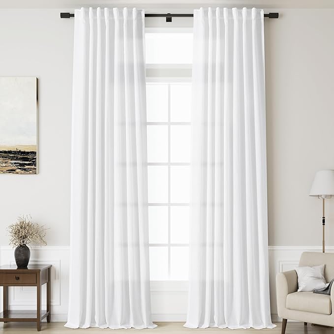 Linen White Curtains 145 inch Extra Long for Living Room Back Tab Light Filtering Semi Sheer Drapes Modern Farmhouse Coastal Decor Cotton Textured Curtain for Floor to Ceiling High Window 52x145