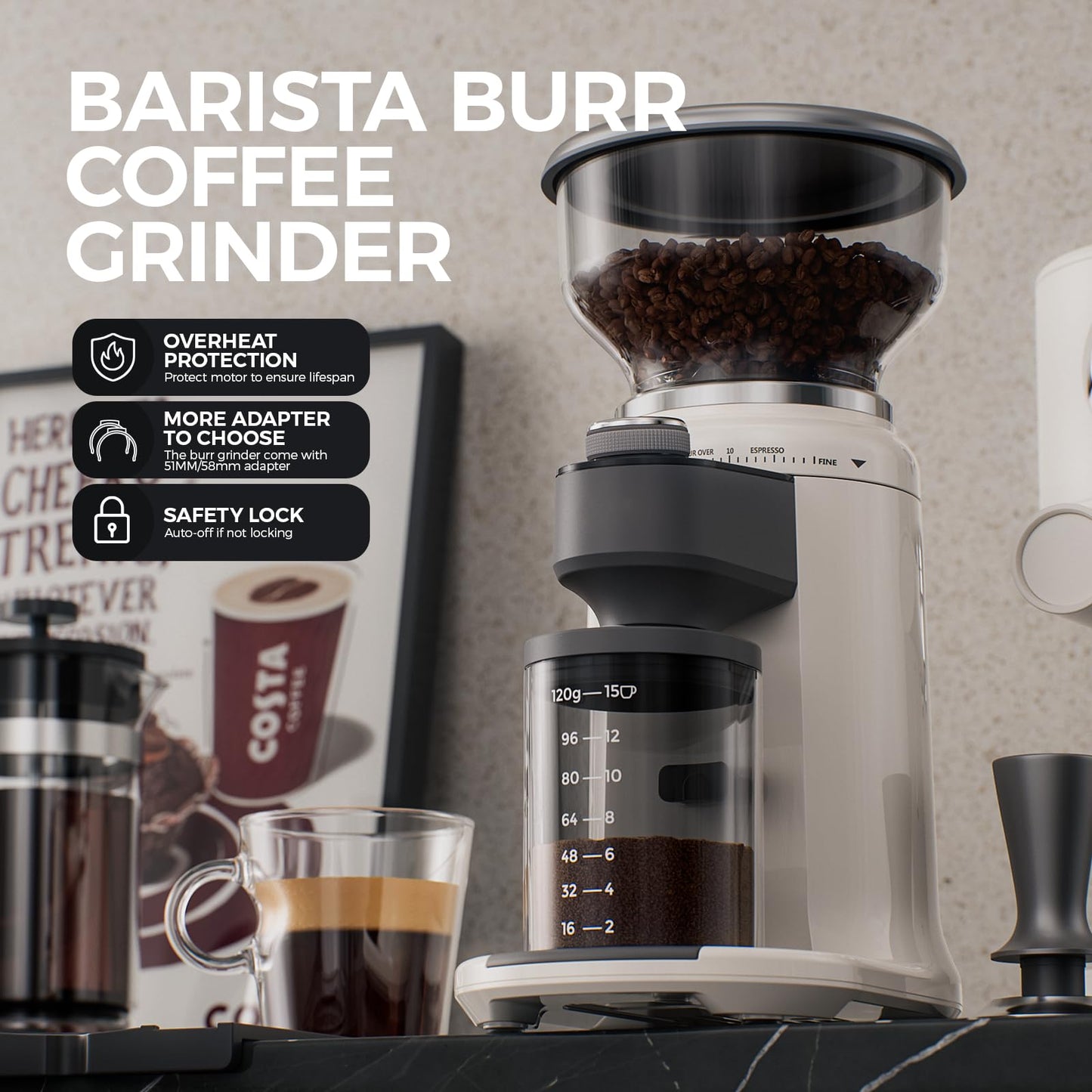 Electric Burr Coffee Been Grinder with Adjustable 24 Precise Grind Settings, 40s Digital Timer for French Press, Espresso, and Drip Pour Over, Home Use (White)