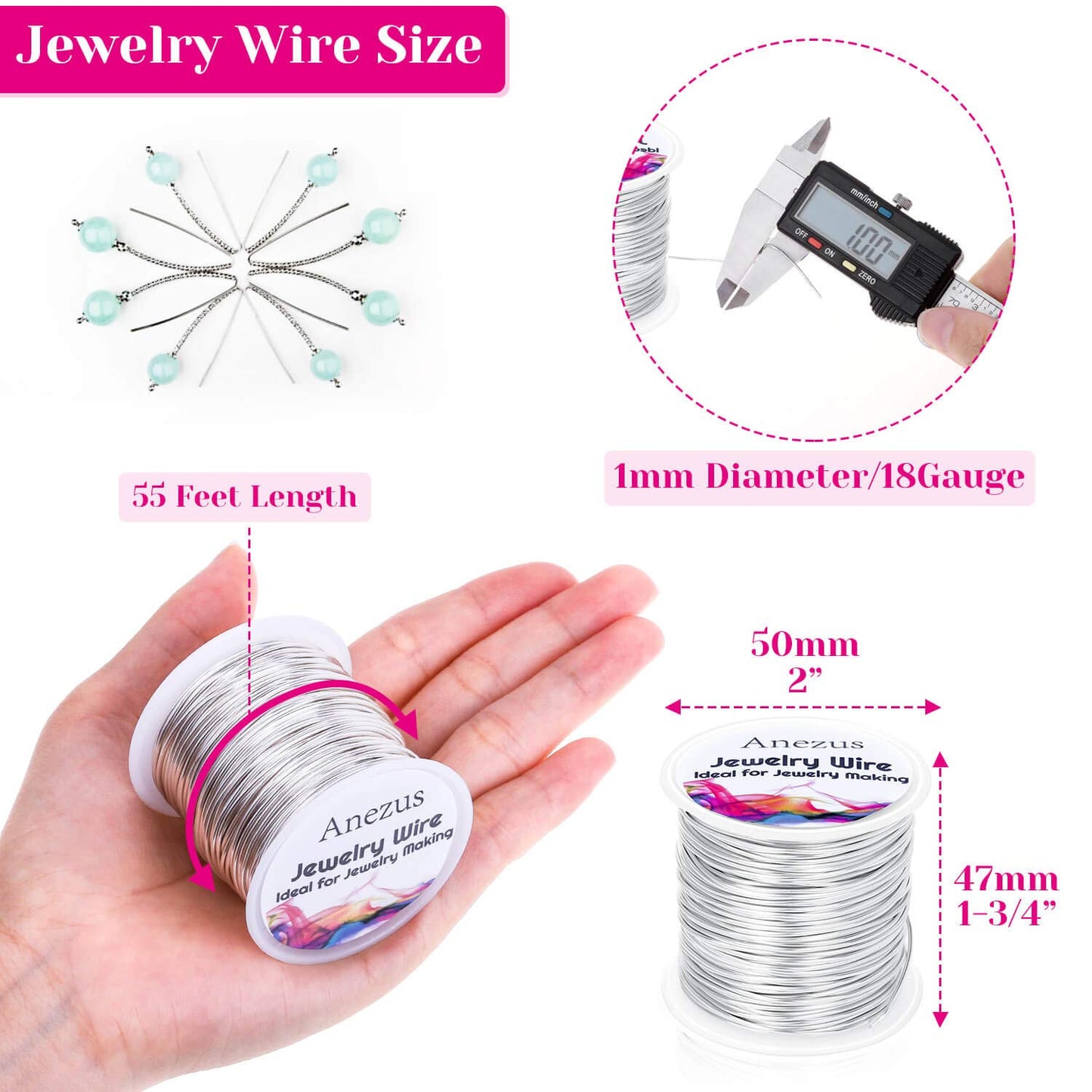 Anezus Craft Wire - Tarnish Resistant Copper Beading Wire for Jewelry Making Supplies (Silver, 18 Gauge)