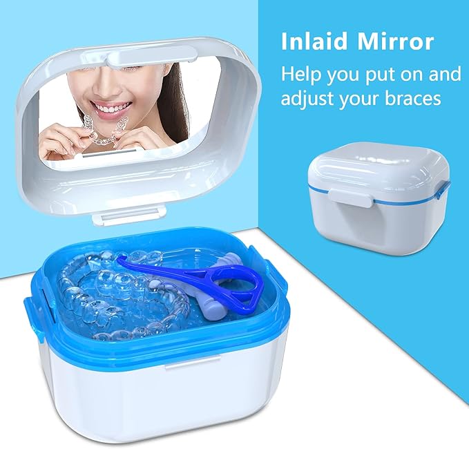 BVN Denture Case Denture Cup for Soaking Dentures Retainer Cleaner Case with Mirror Mouth Guard Case False Teeth Container White Blue