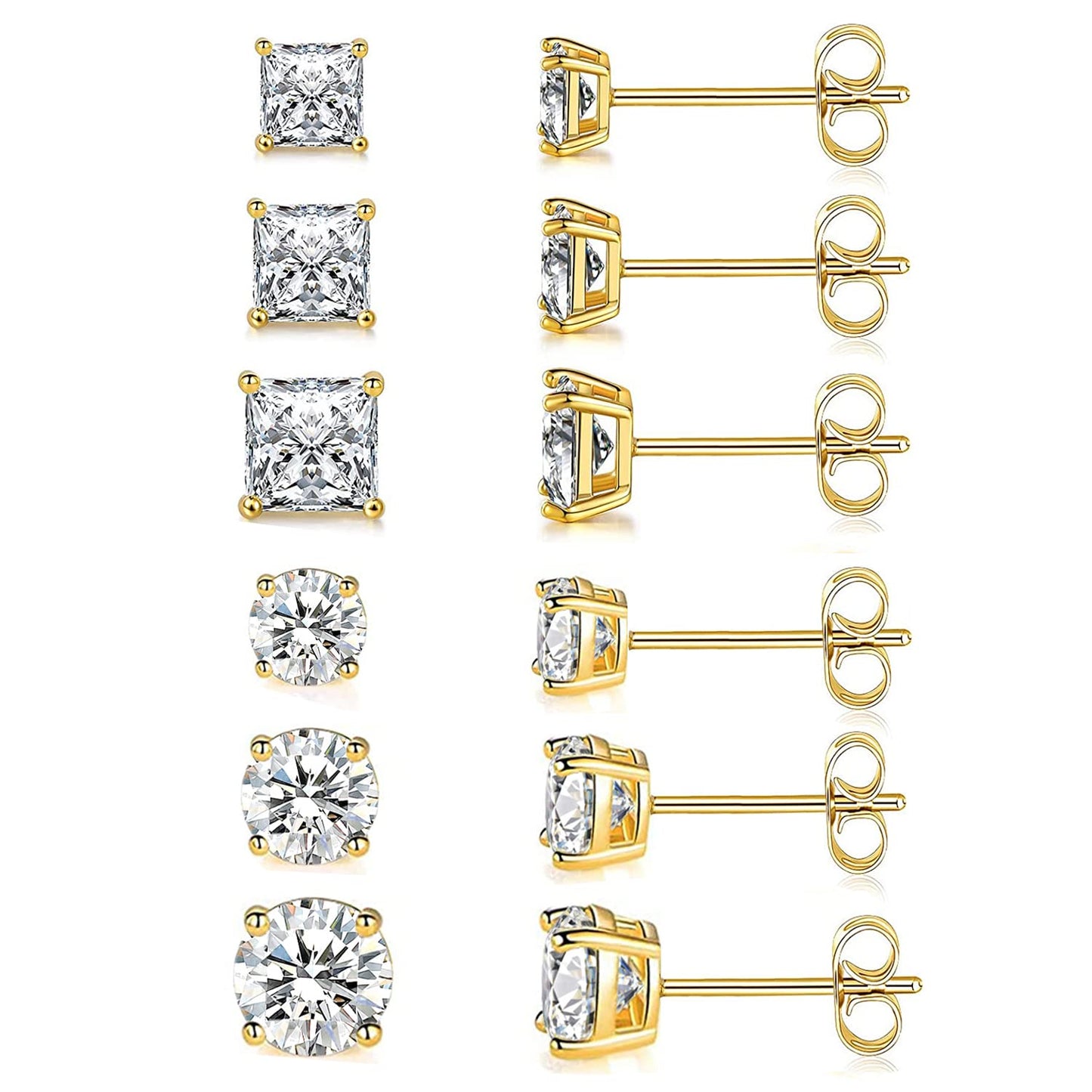 14K Gold Plated Round Princess Cut Clear Cubic Zirconia Hypoallergenic Stud Earring Set for Men Women 6 Pairs