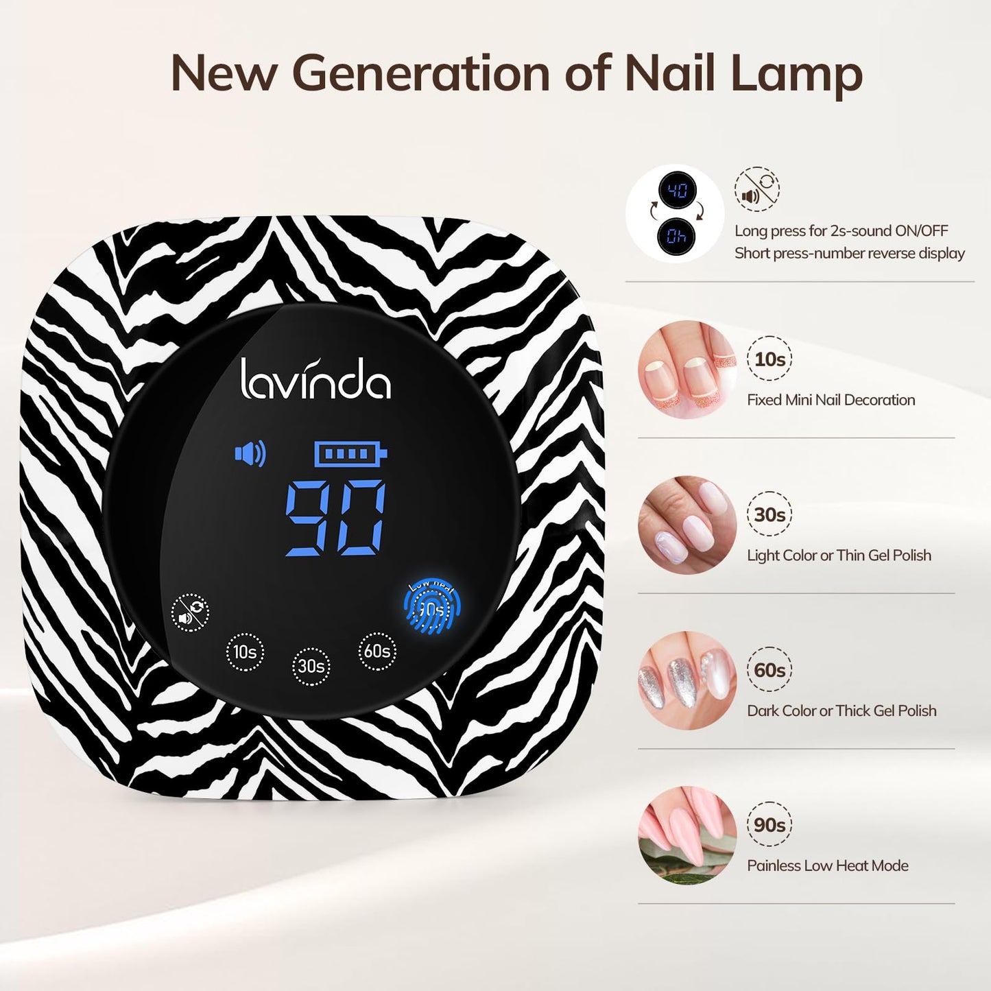 Lavinda UV Light for Gel Nails 54W UV Nail Lamp Cordless Rechargeable Nail Light with 4 Timer, 2X Faster Nail Polish Curing Lamp Nail Dryer for Salon Use-Zebra Pattern