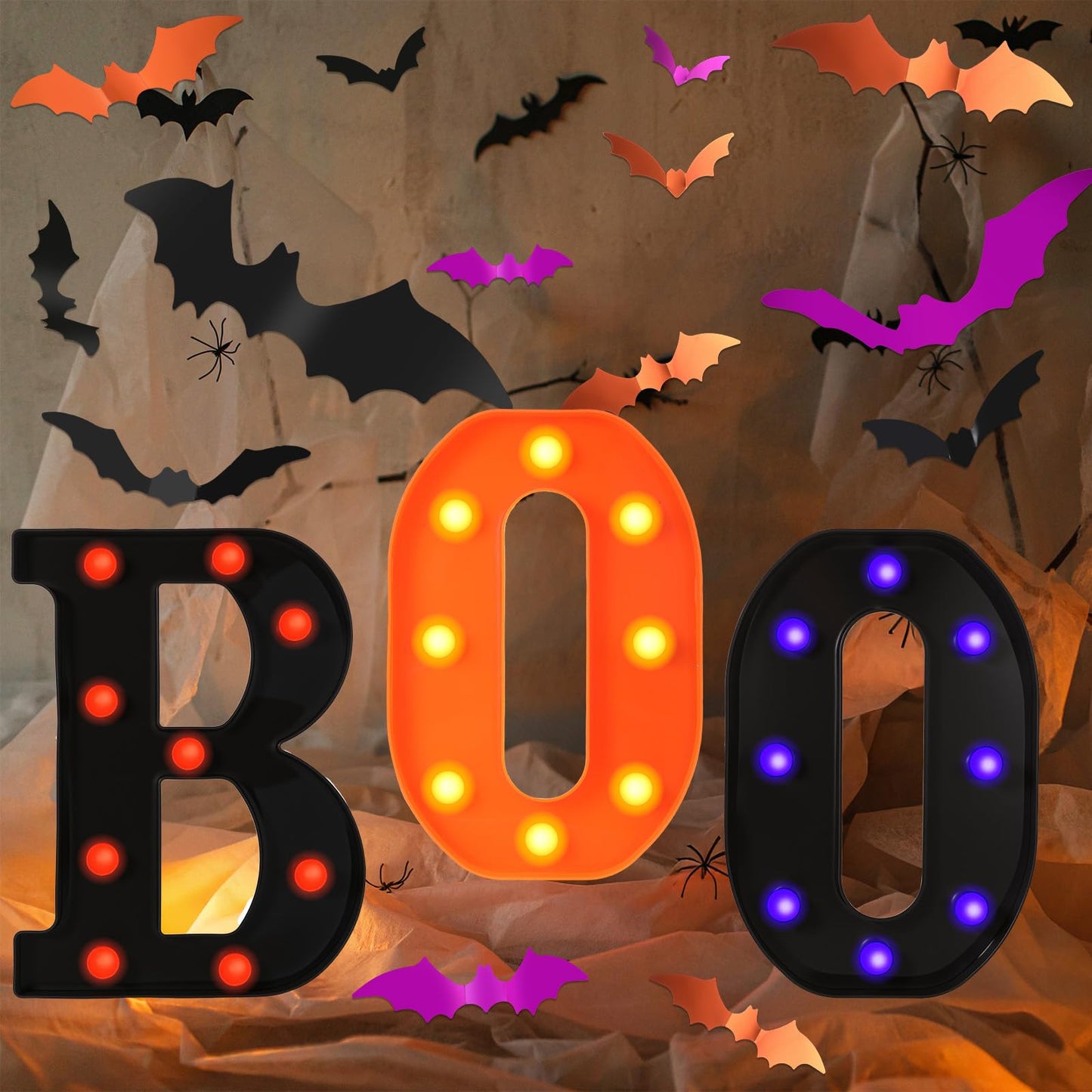 Grinsvalley Halloween Decorations Set Include 3 Boo Marquee LED Light up Letters with 72 Pcs Halloween 3D Bat Stickers Decor Boo Signs Light for Home Fireplace Room Desk Mantel Wall Table Party