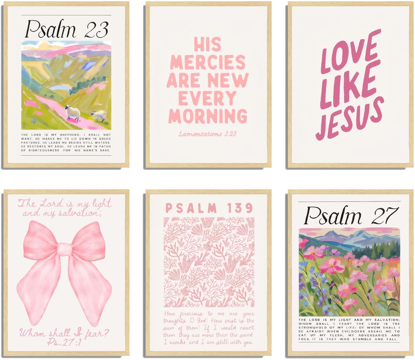 Pink Christian Posters Wall Art Set of 6 Bible Verse Canvas Wall Decor Religious Pictures Prints Scripture Bundle Bow Artwork Girls Room Trendy Preppy Painting Home Decoration 8x10 Inch Unframed