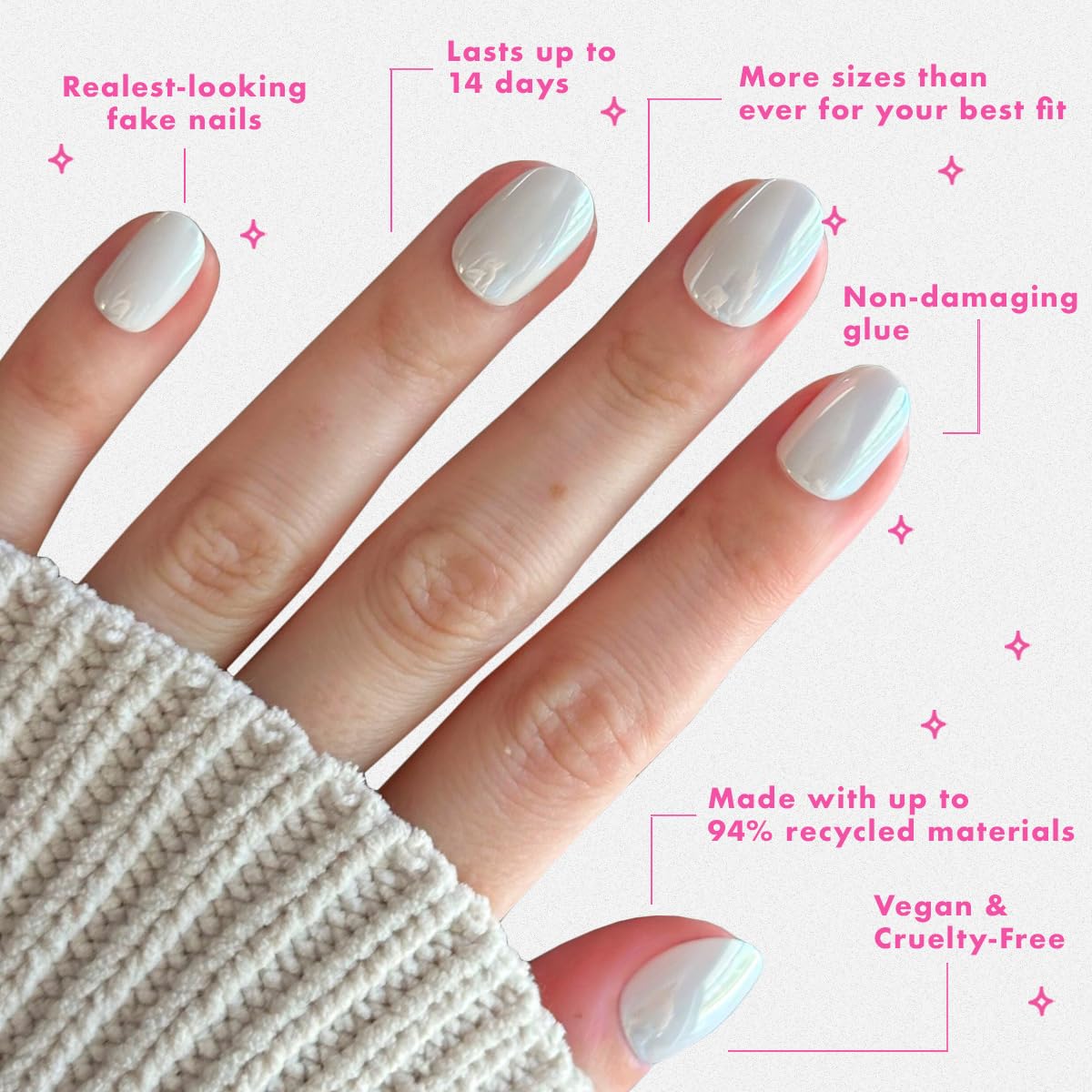 Olive & June Instant Mani Press-On Nails (Glue) | 42 Fake Nails, 21 Sizes | Non-Toxic Long-Lasting Recycled Materials Realistic Look | Salon-Quality at Home | Extra Short, Round | White Chrome