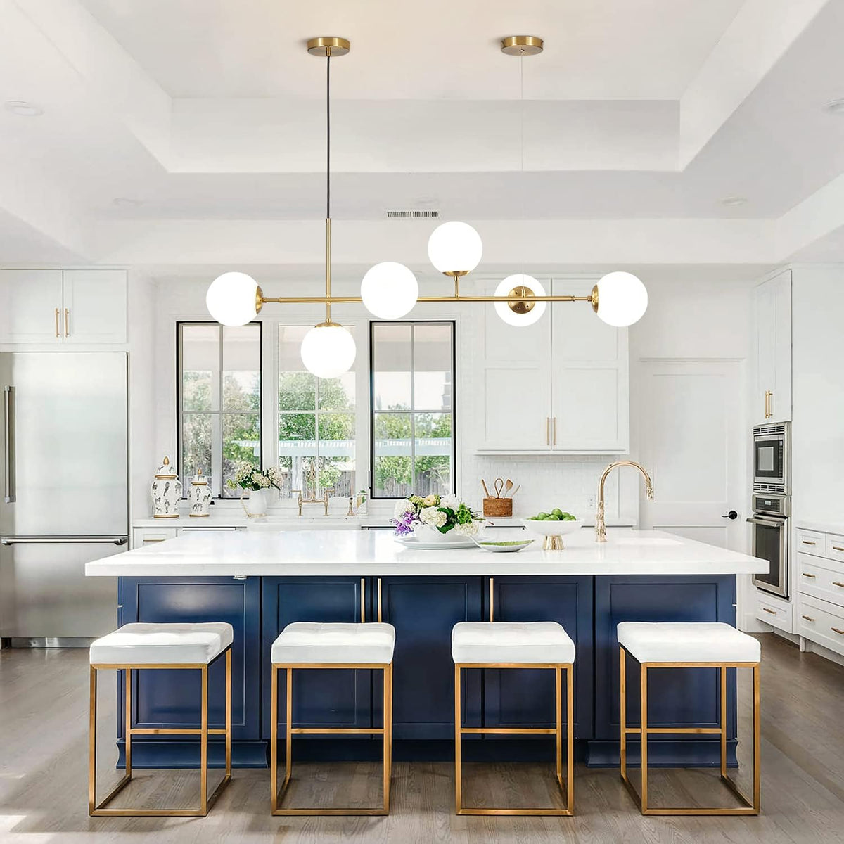 KCO Lighting Modern Globe Linear Chandelier 6 Light Milk Glass Chandeliers White and Gold Pendant Light Fixture Mid Century Rectangle Chandelier Brass Sputnik Island Lights for Kitchen
