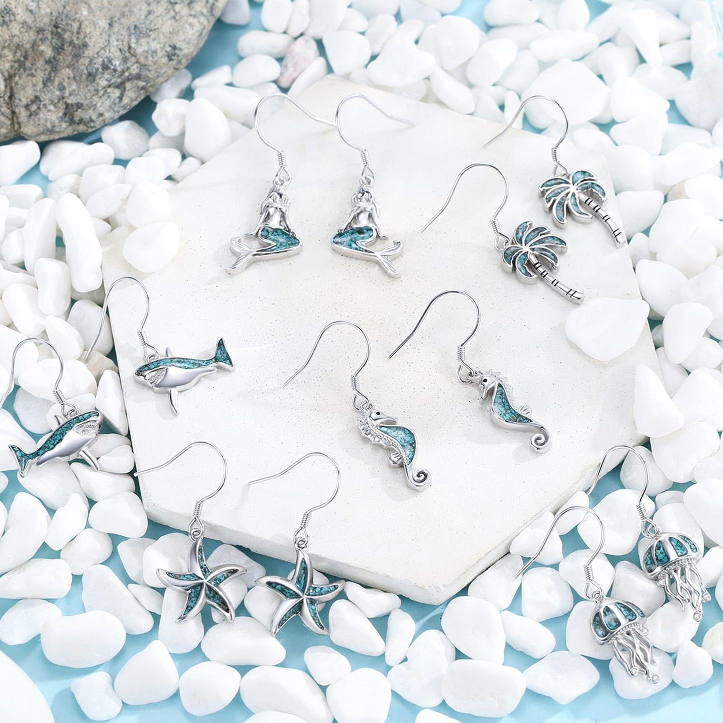 Starfish Earrings 925 Sterling Silver Turquoise Starfish Dangle Drop Earrings Summer Beach Themed Jewelry Ocean Gifts for Women
