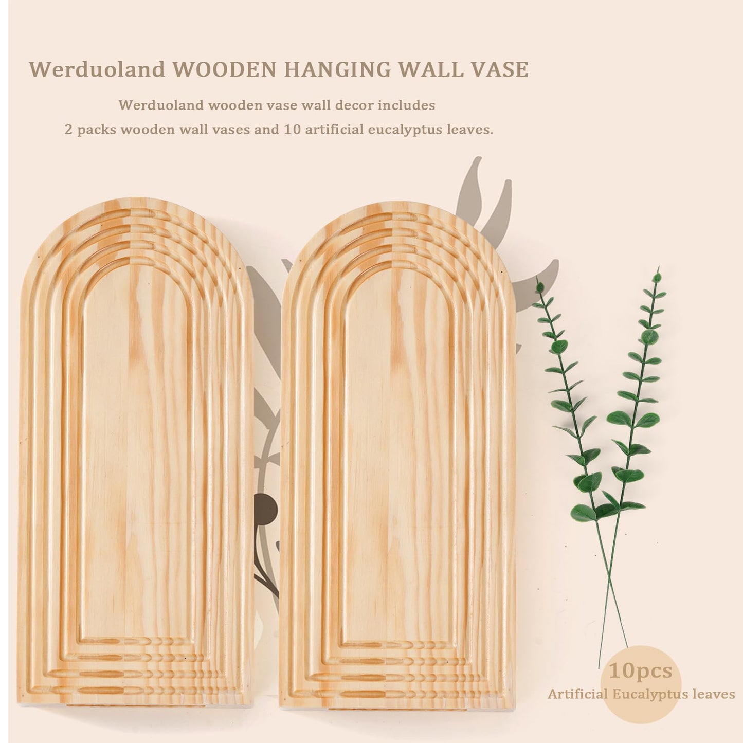 2 Pcs Wooden Wall Vase Set for Decor with 10pcs Artificial Eucalyptus Plants-Boho Hanging Planter Modern Farmhouse Wall Decor for Bathroom Living Room Dining Room Bedroom Kitchen