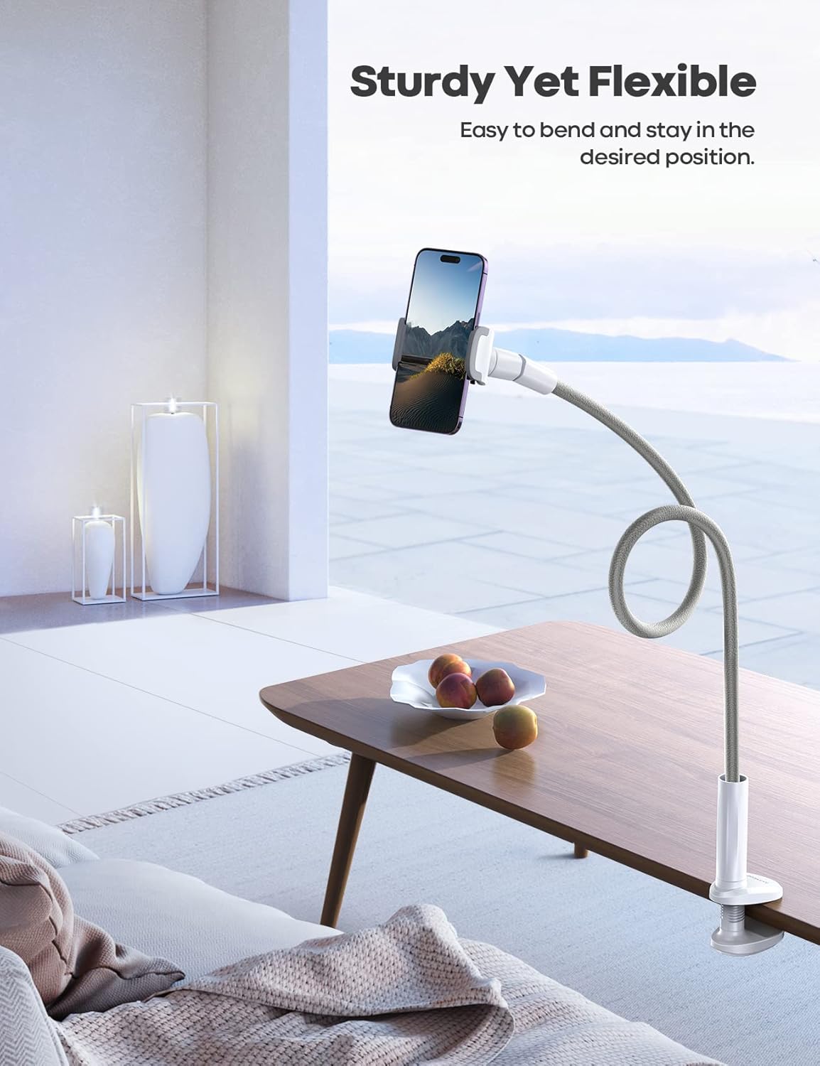 Lamicall Phone Holder Bed Gooseneck Mount, Cell Phone Clamp Clip for Desk, Flexible Long Arm Headboard Bedside Lazy Bracket, Overhead Table Stand Grey