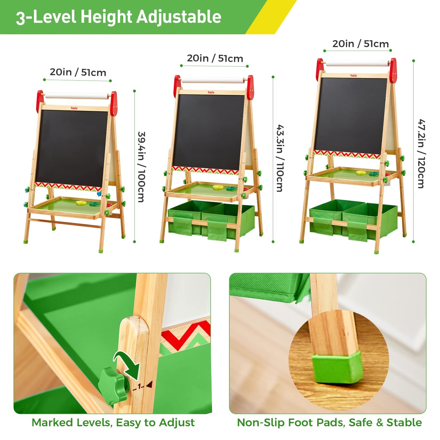 FUNLIO Anti-Warping Kids Art Easel, 3 Height Adjustable for Kids Aged 2-8, All-in-One Toddler Easel with Paper Roll & Erasable Frame, Standing Easel with Magnetic Chalkboard/Whiteboard (Green)