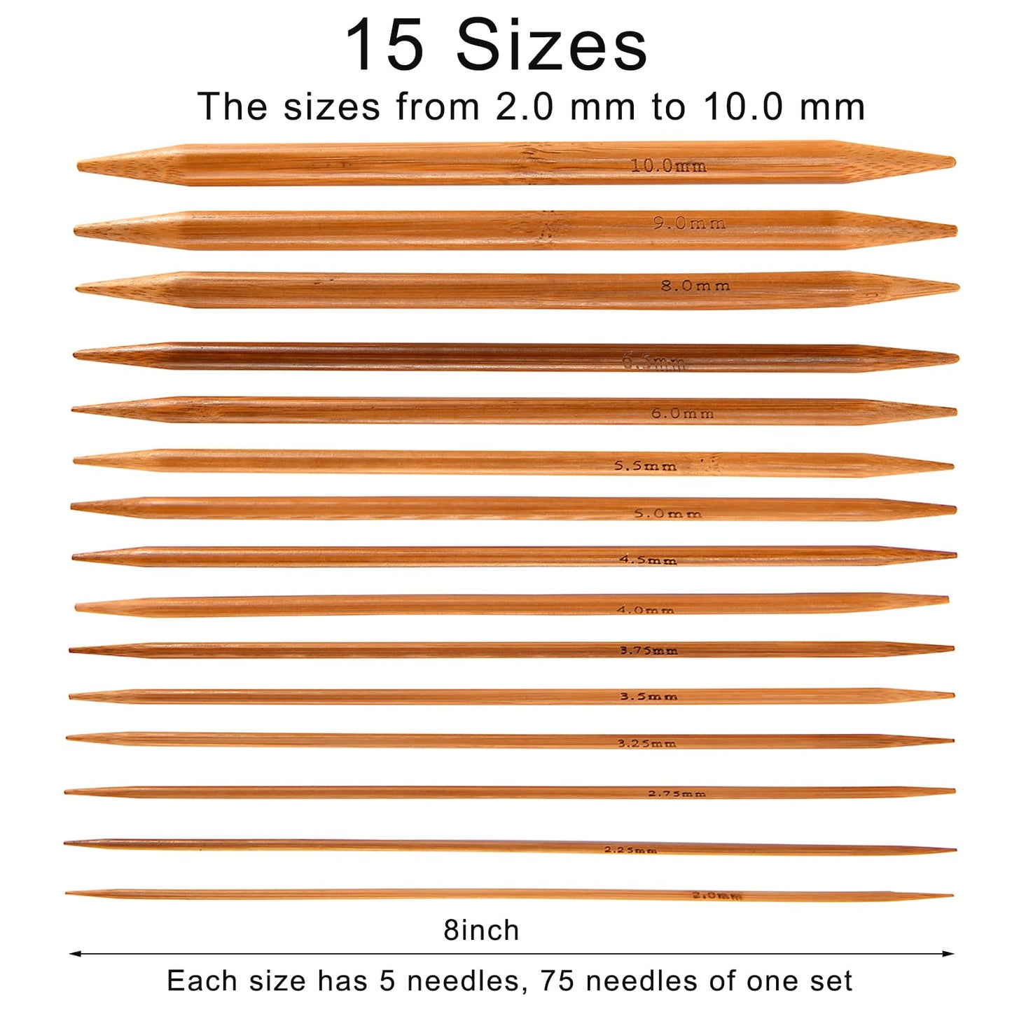 Double Pointed Knitting Needles Set,75 Pcs Wooden Bamboo Knitting Needles Kit,15 Sizes from 2.0mm-10.0mm,with Small Tools,Straight Wood Needles for Beginners,Making Sweater,Scarf,Sock,Weave