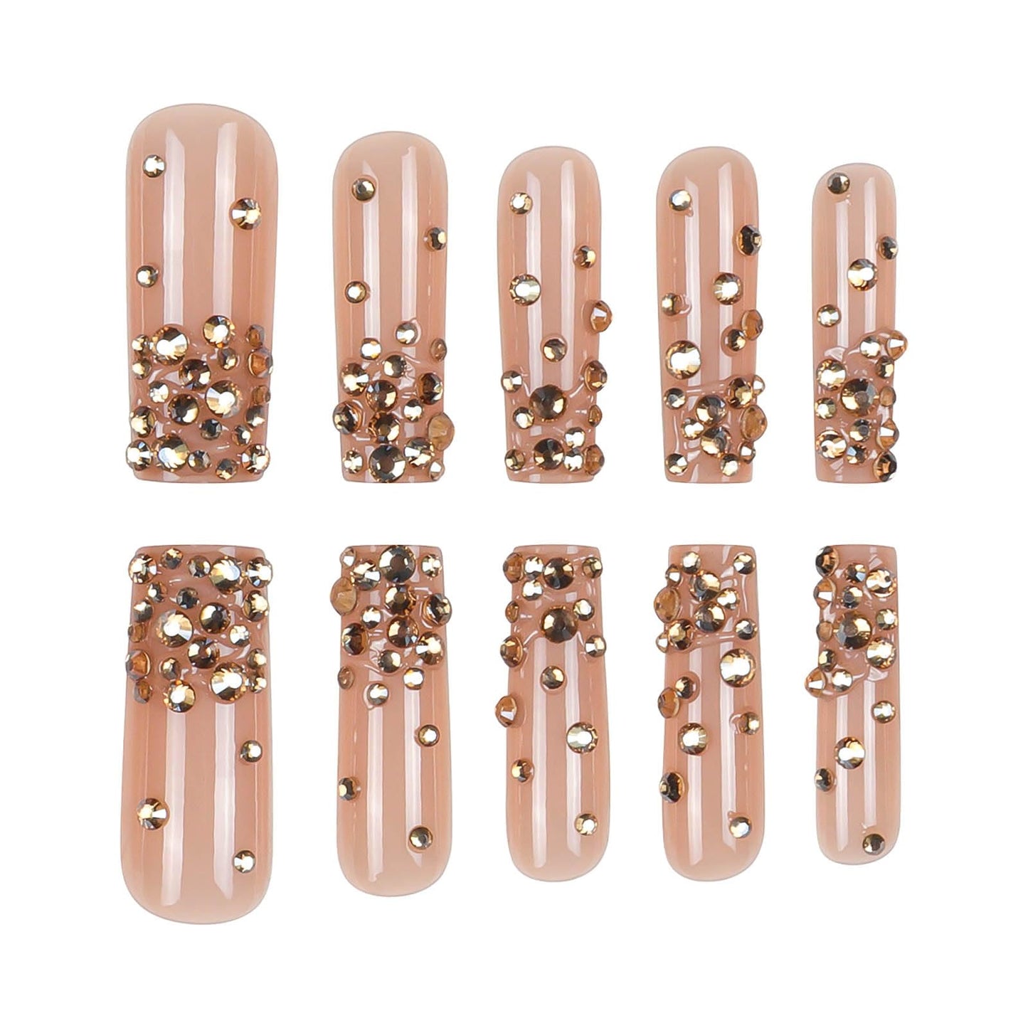 RUOKEXIN Long Square Press on Nails Gold Fake Nails Long False Nails with Gold 3D Rhinestones Designs Glue on Nails Glossy Artificial Nails Cute Stick on Nails for Women 24Pcs