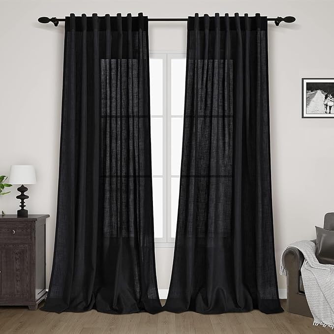 Solid Black Curtains 96 Inches Long 2 Panel Set Back Tab Sheer Black Linen Curtain Modern Farmhouse Muslin Look Cotton Textured Gauze Curtains 96 inch Length for Patio Sliding Door Office Bedroom