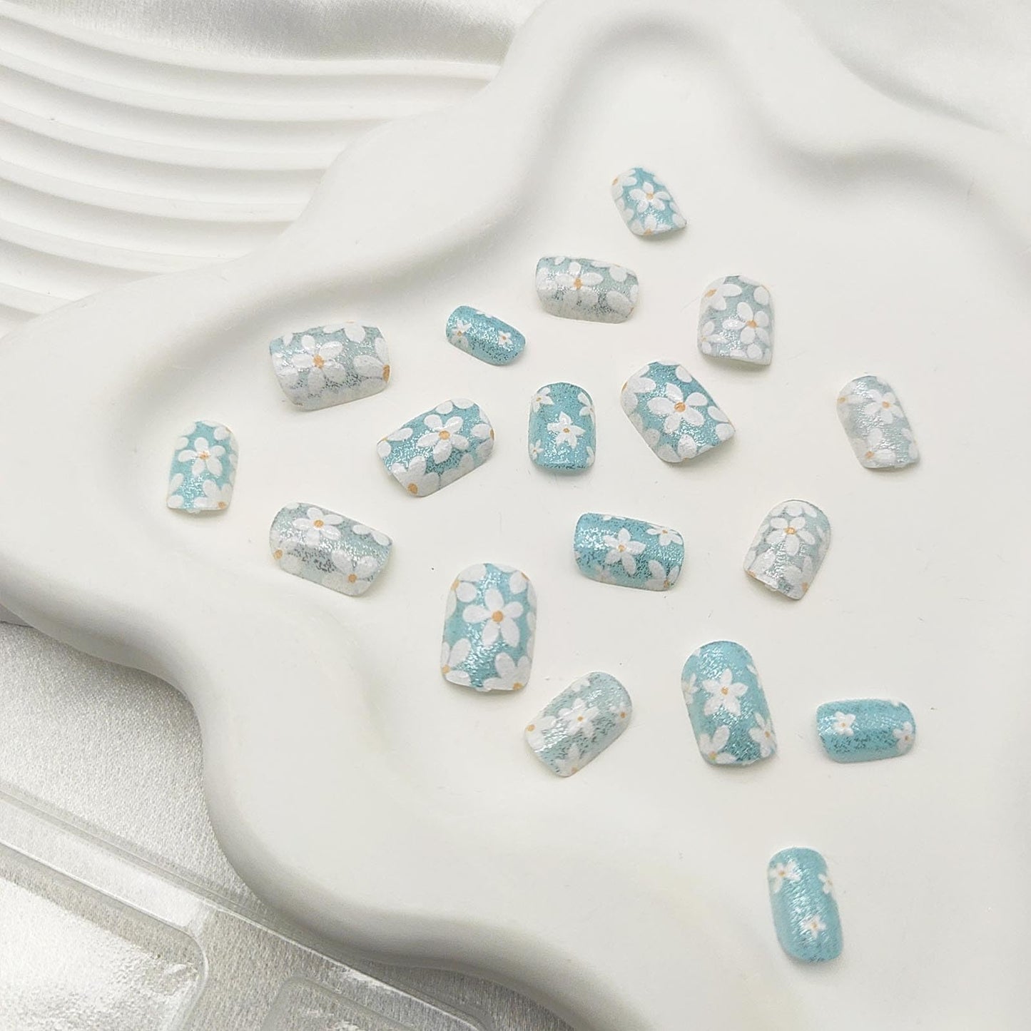 Blue Press on Nails Short Square Fake Nails with Flower Glitter Designs Spring Nails Press ons White Glue on Nails Summer Acrylic Nails Cute Floral Stick on Nails for Women 24Pcs