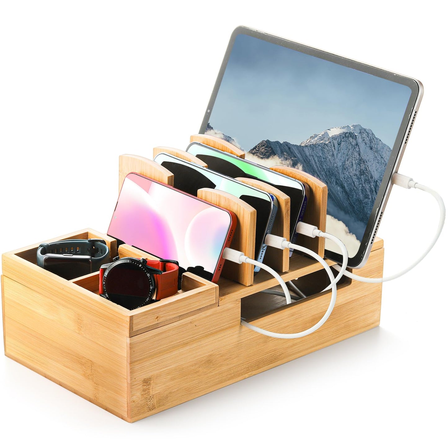 Fasmov Bamboo Charging Station, Charging Stand for Multiple Devices, Electronic Device Desktop Dock Stations Organizer, Cell Phone Docking Stations for Multi Laptop, Tablets, IPads, Watch, Earbuds