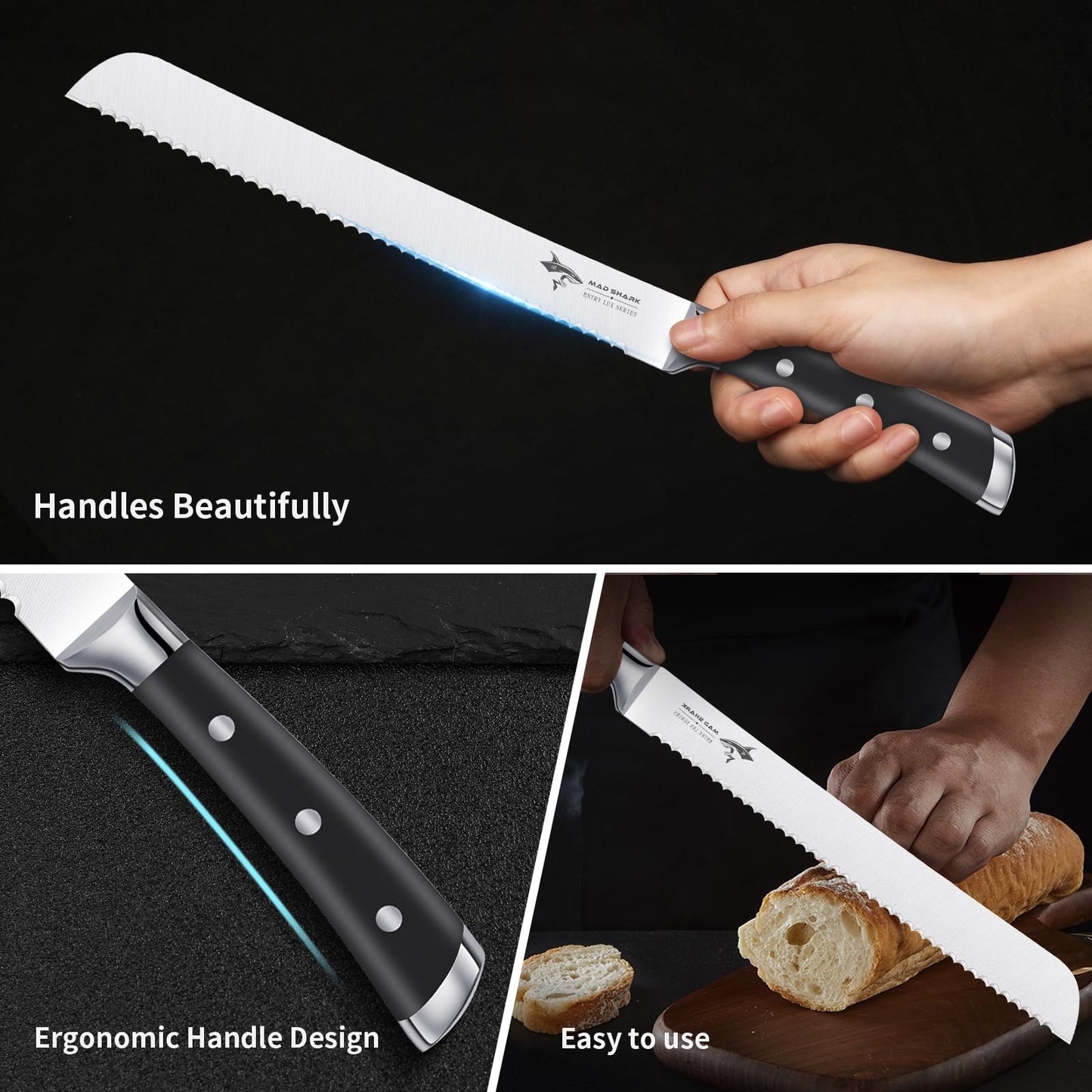 MAD SHARK Bread Knife, Sourdough Bread Knives, Bread Cutter Razor Sharp Edge for Efficient Slicing Sourdough, Bagels, Cake Cutter, 10 Inch Serrated Knife