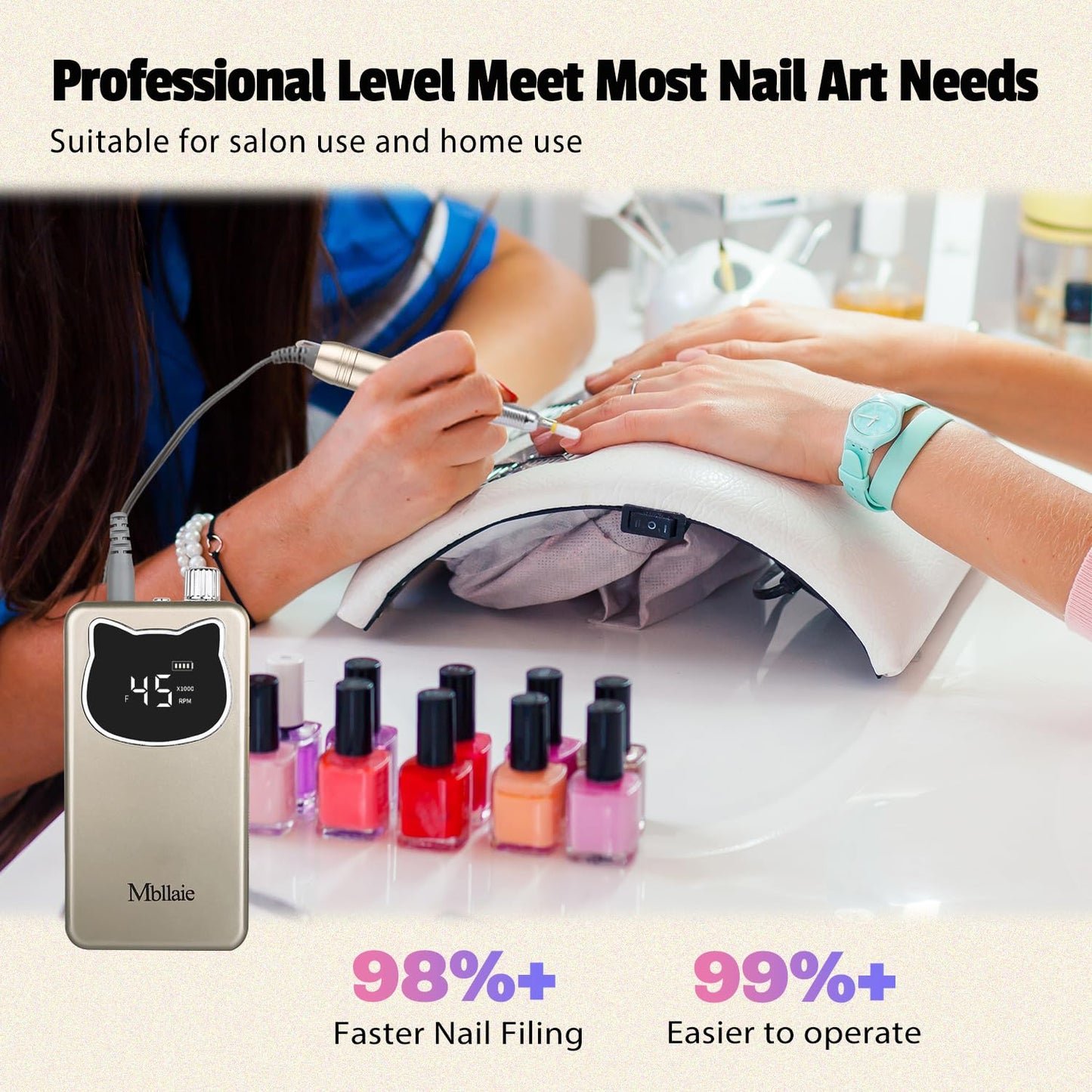Professional Nail Drill File 45000RPM Electric Portable Kit with Rechargeable 8 uñas Bits Cordless Efile for Gel Acrylic Remover Home Salon Manicure Base Tool (Gold)
