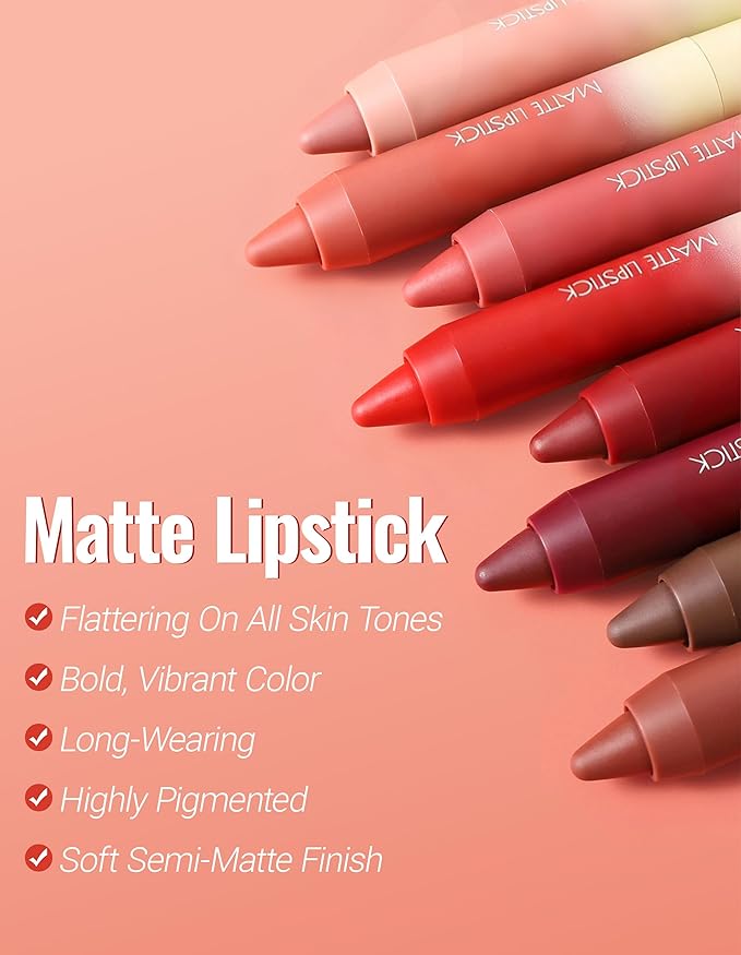 Erinde Matte Lipstick Crayon Set, 4 Colors 24 Hour Long-Lasting Waterproof Velvet Lip Crayons, Warm Red Berry Plum Taupe Brown Nude Brown Neutral Lip Liner Pencil for Women, Vegan & Cruelty-Free