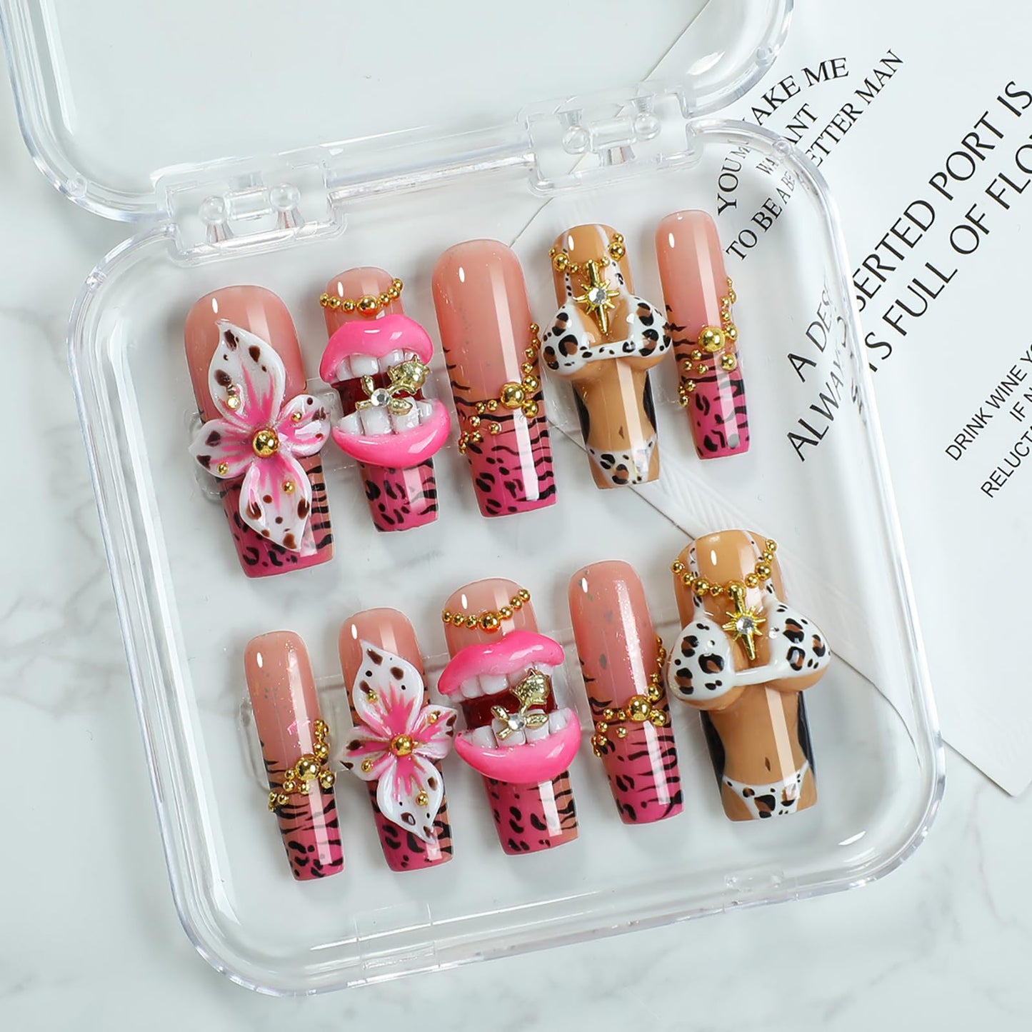 XGV Handmade Sheer Nude Base with 3D White Floral Design & Pearl Accents - Reusable Acrylic French Tip