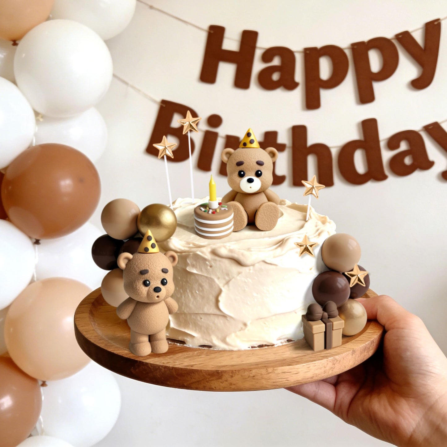 LaVenty Brown Bear Cake Decoration Beige Brown Balls Cake Topper Boho Cake Cake Decoration Baby Shower Birthday Cake Decoration