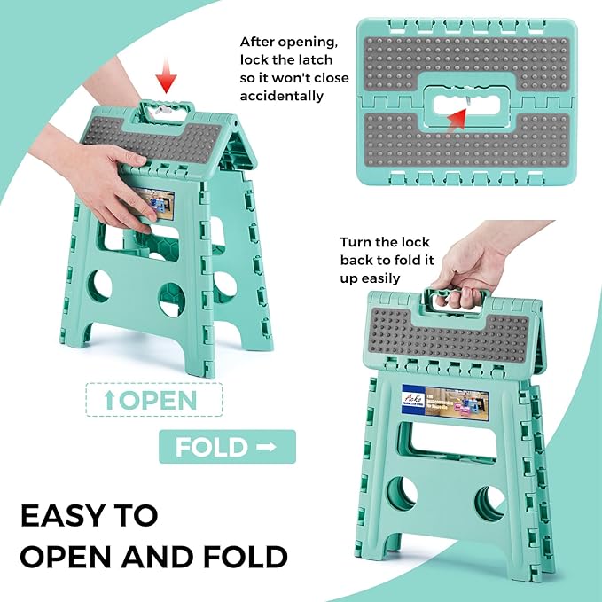 ACKO Folding Step Stool 13 Inch Stool Heavy Duty Plastic Foldable Step Stools for Kids, Stepping Stool with Handle, Suitable for Kitchen Hold Up to 300 LB (Teal 1PC)