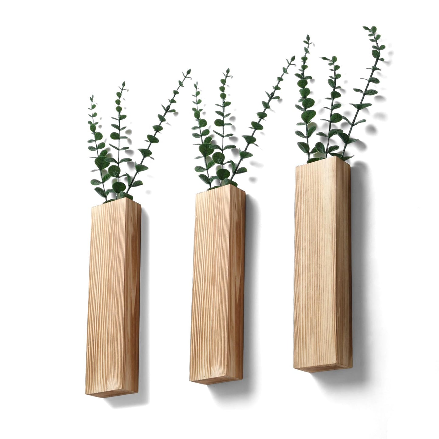 Yumetonia Wood Wall Vase Planters with Artificial Plants,Boho Wall Decor for Bathroom Living Room Bedroom Kitchen,Modern Farmhouse Art Decor Hanging Planters for Dried Flowers Home Office 3pcs Brown