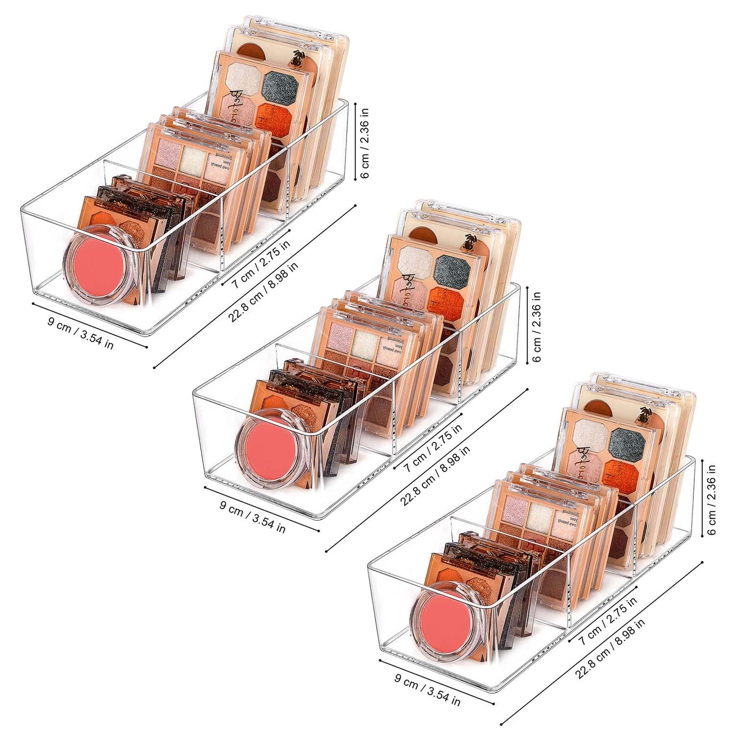 JessLab Acrylic Makeup Organizer, 3 Pack Stackable Cube Sections for Drawer, Vanity, Countertop, Bathroom, Kitchen and Cabinet Storage, 3 Compartment