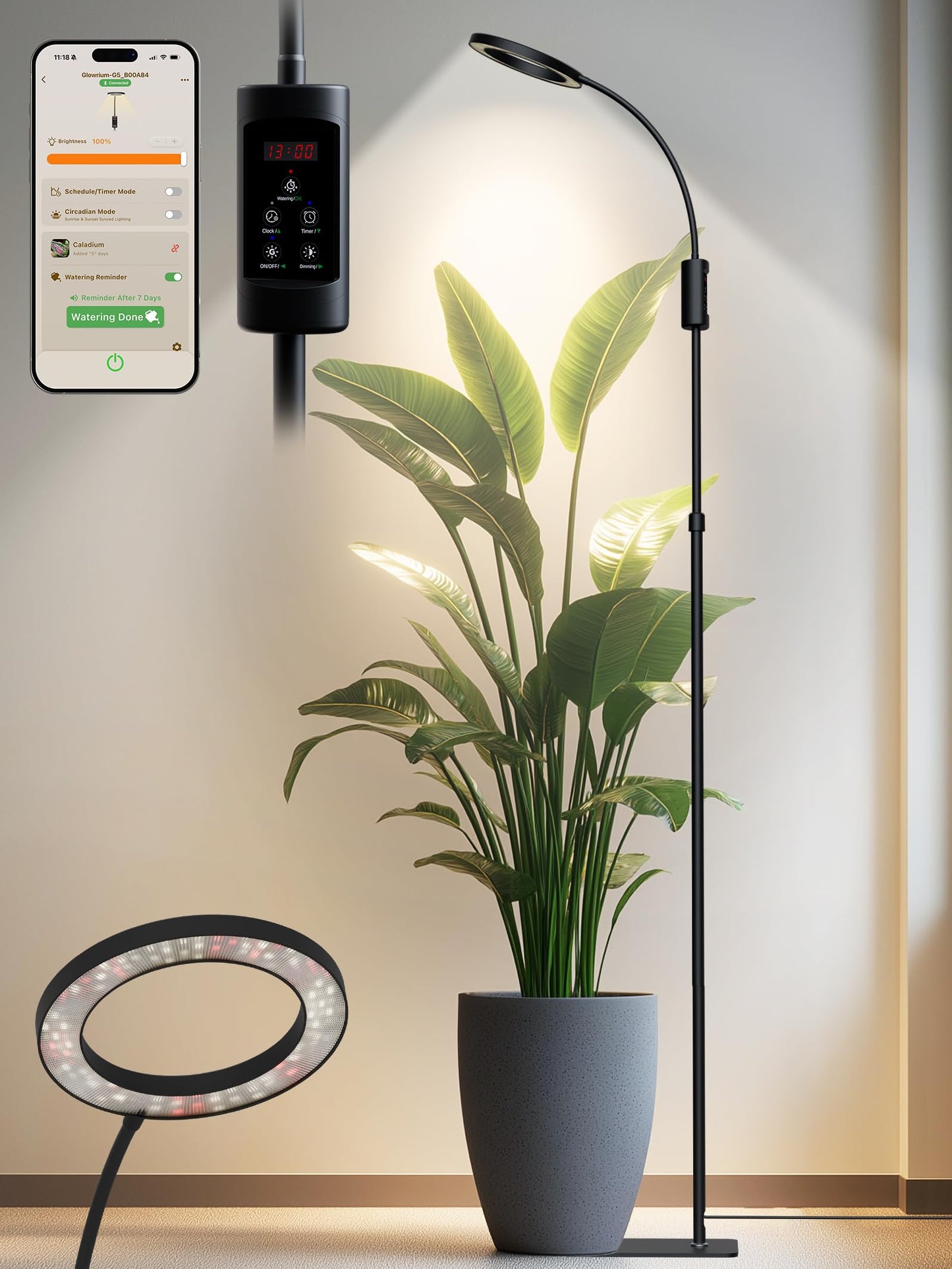 Smart Grow Lights for Indoor Plants, Plant Light with Auto-Timer, Full Spectrum LED Grow Light, Adjustable Height & Stepless Dimming,Plant Assistant Suitable for Most Plants (Black, Single Head)