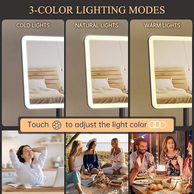 FUNTOUCH Vanity Mirror with Lights, Makeup Mirror with Lights,Smart Touch with 3-Color Lighting,Dimmable,Detachable 10X Magnification for Vanity Desk Tabletop,Black
