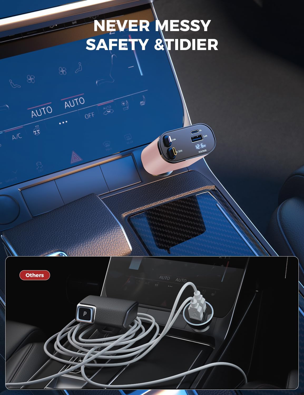 【Upgraded】 SUPERONE Retractable Car Charger 4 in 1, Fast Car Phone Charger with Cord 2.6ft, USB C Car Charger Adapter, Compatible with iPhone 15/15 Pro Max/14/13/12/11, Galaxy, Pixel