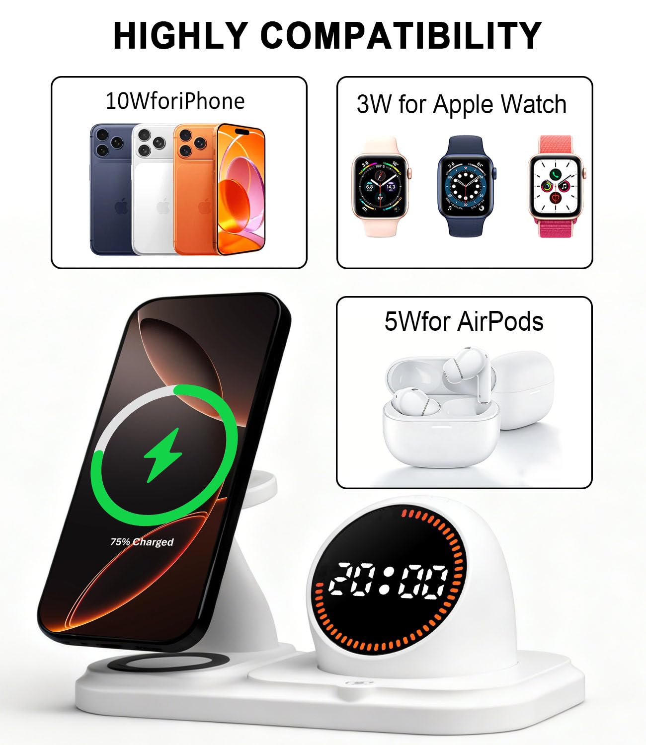 Wireless Charging Station with Clock,6-in-1 Charging Stand for Multiple Devices for iPhone 17 16 15 14 13 12 Pro Max, Apple Watch, Airpods, Bluetooth Speaker + RGB Light
