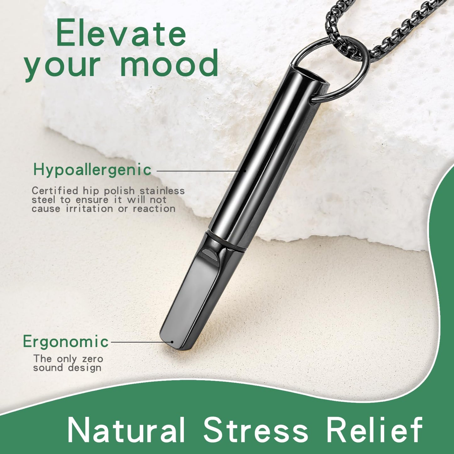 hooppoo Quit Smoking Necklace, Anxiety Relief Breathing Inhaler with Essential Oil Pad - Aromatherapy Diffuser Pendant for Smokers, Stainless Steel Necklace for Women & Men (Black)