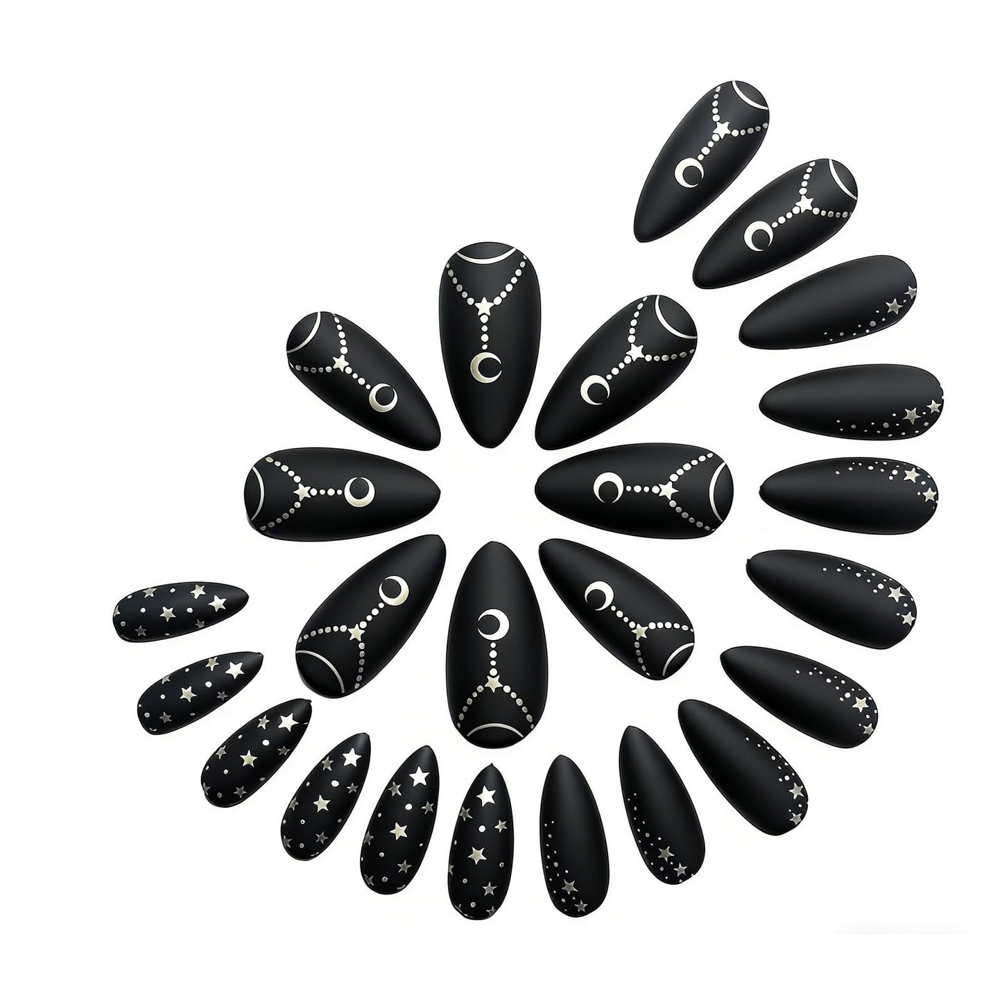 Medium Press on Nails Black Fake Nails Starry Night False Nails with Moon Star Chain Design Almond Shape Artificial Nails Full Cover Starry Sky Acrylic Nails Matte Stick on Nails for Women 24Pcs