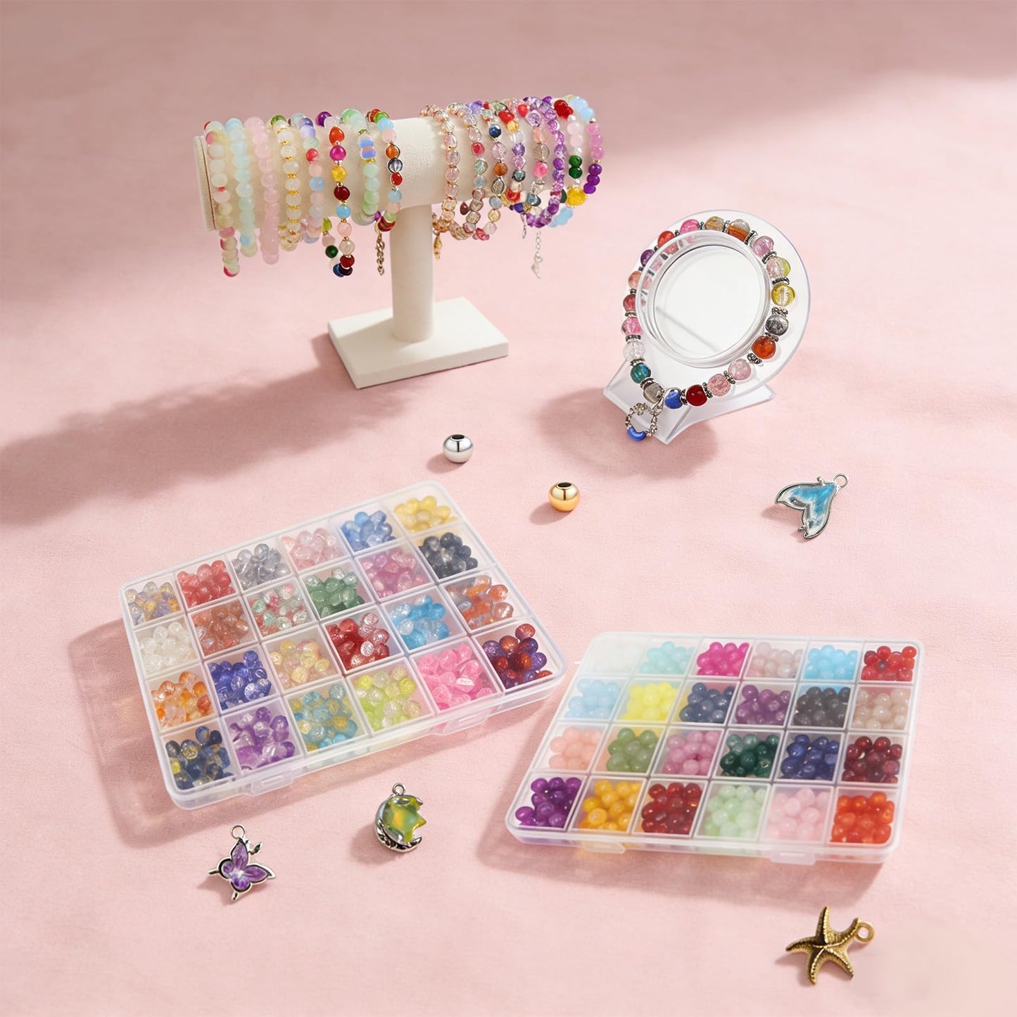 【3 Pack】 8mm Glass Beads for Jewelry Making，1800+pcs 72 Colors Round Crystal Glass Beads DIY Bracelet Making Kit with Accessories，Solid、Crackle and Gradient Colors 3 Box
