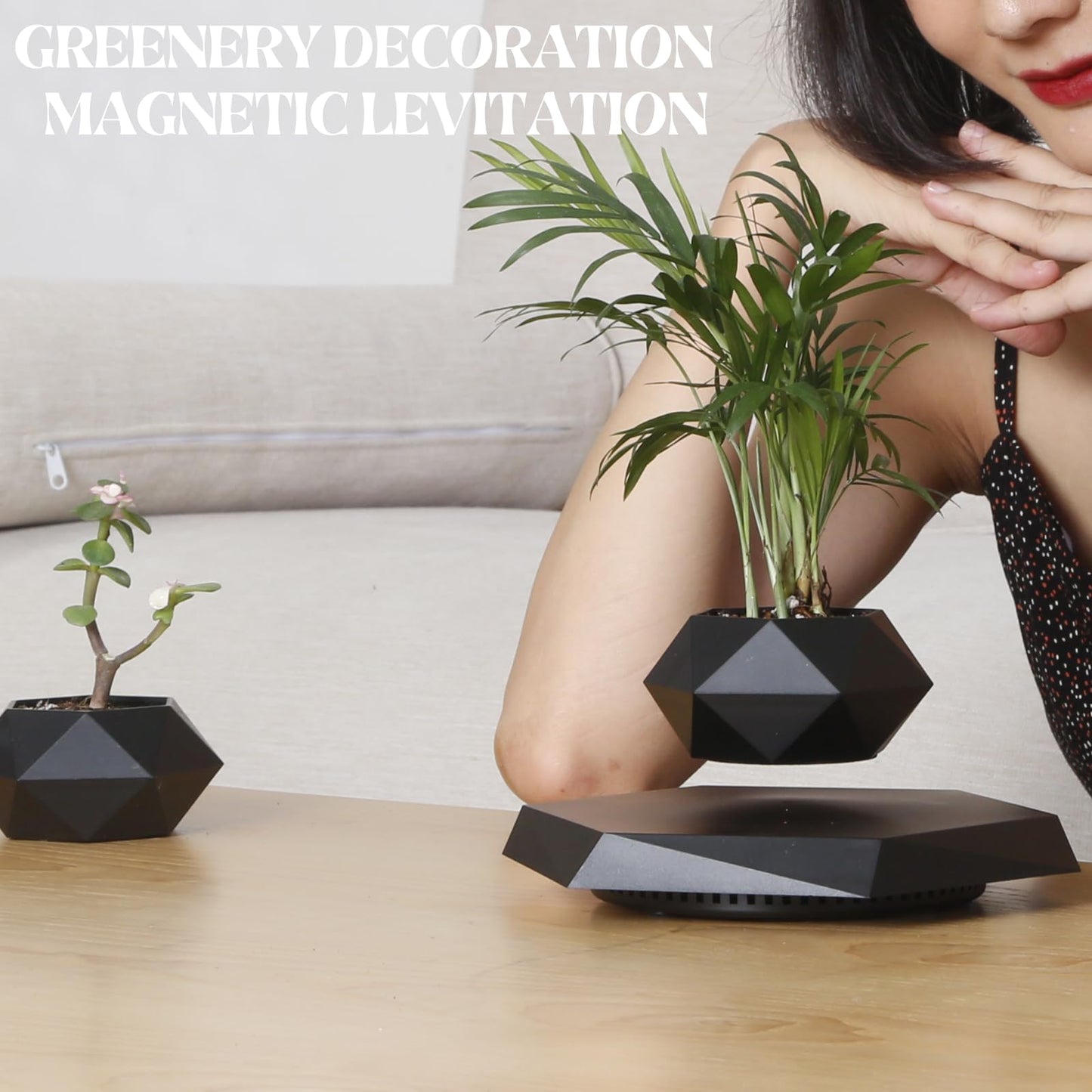 MOOCCI Levitating Plant Pot Floating Plant Potted Plant, Air Bonsai and Artificial Plants, Home Office Desk Decor, Gift for Easter, Mother's, Father's Day（Black