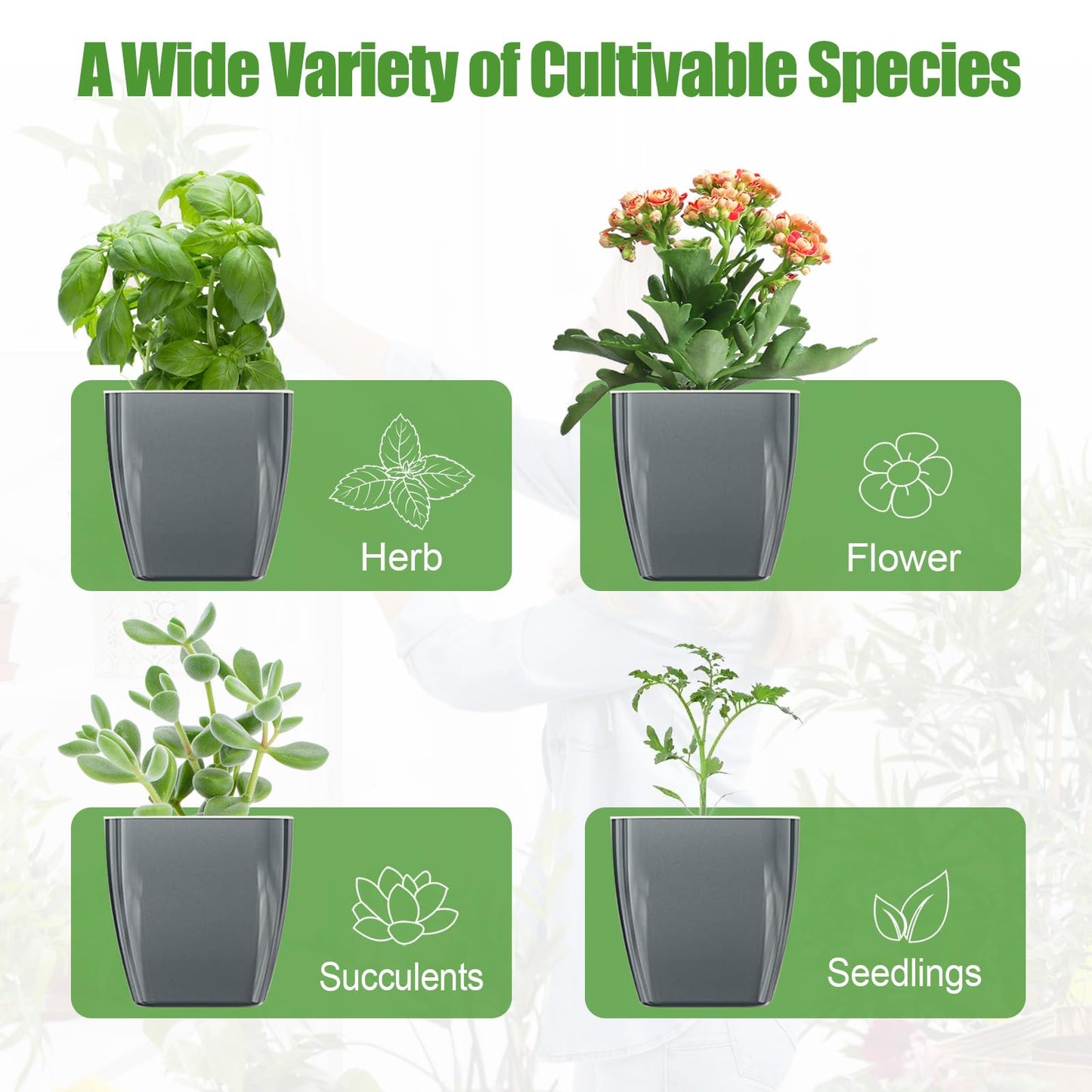 Oliz 4 Pack Self Watering Pots 4-inch Decorative Flower Planters for Indoor Plants Modern Square planters for Small Plants Window Sill Planters for Succulents, African Violets, Herbs(Sliver Black)