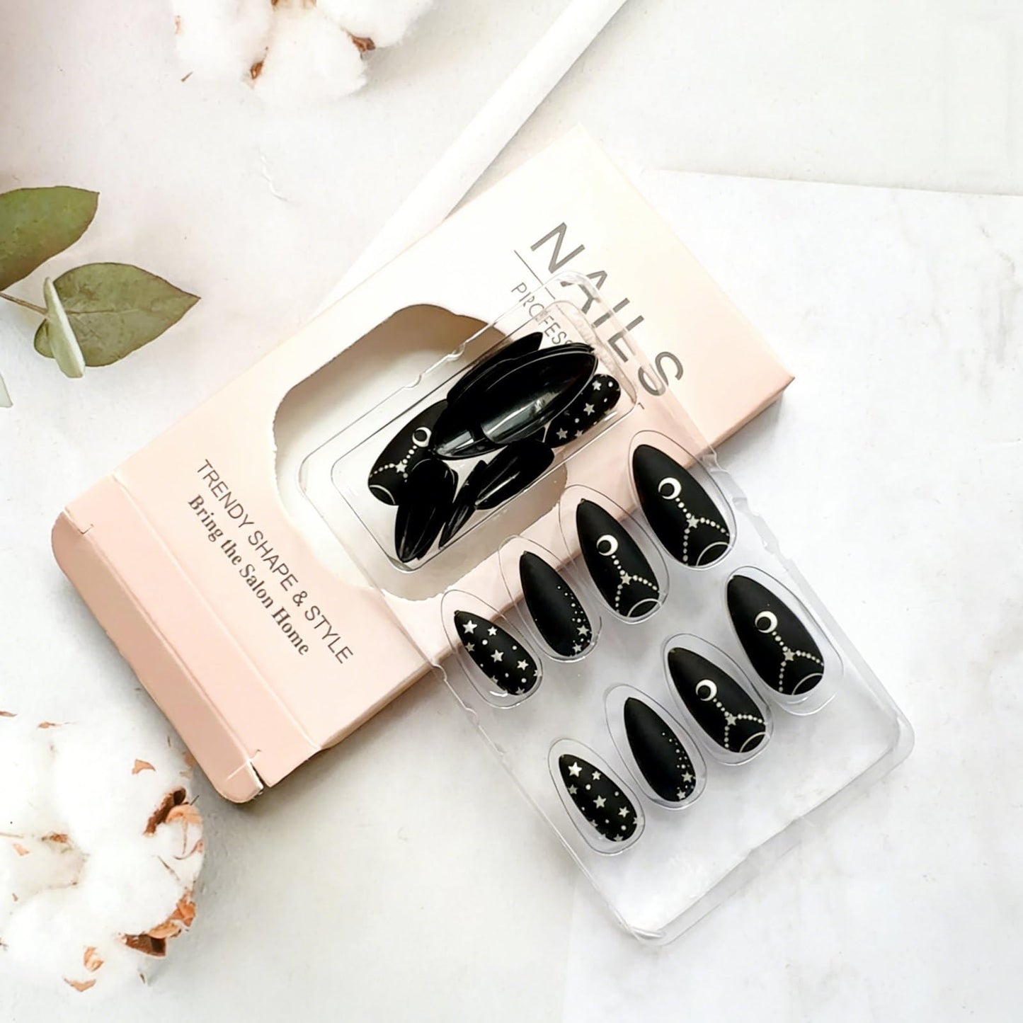 Medium Press on Nails Black Fake Nails Starry Night False Nails with Moon Star Chain Design Almond Shape Artificial Nails Full Cover Starry Sky Acrylic Nails Matte Stick on Nails for Women 24Pcs