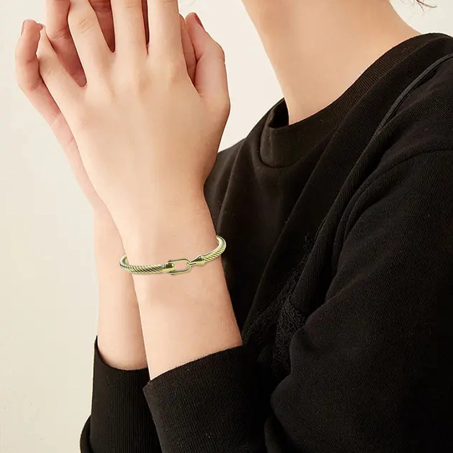 HX SHARE Twisted Cable Bracelet Stylish Fine Stainless Steel Cable Cuff Bracelet with Hook Clasp Bracelets Jewelry for Women 18K Gold （7.6"）