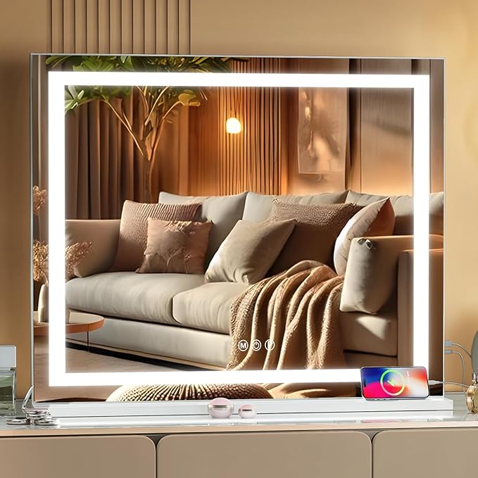 Fenair Vanity Mirror with Crushed Diamond Lights Strip 31.5" x 22.8" Lighted Hollywood Makeup Mirror with Tempered Glass, USB Charging Port, 3 Colors Modes, Dimmable Light and 10X Magnification Mirror
