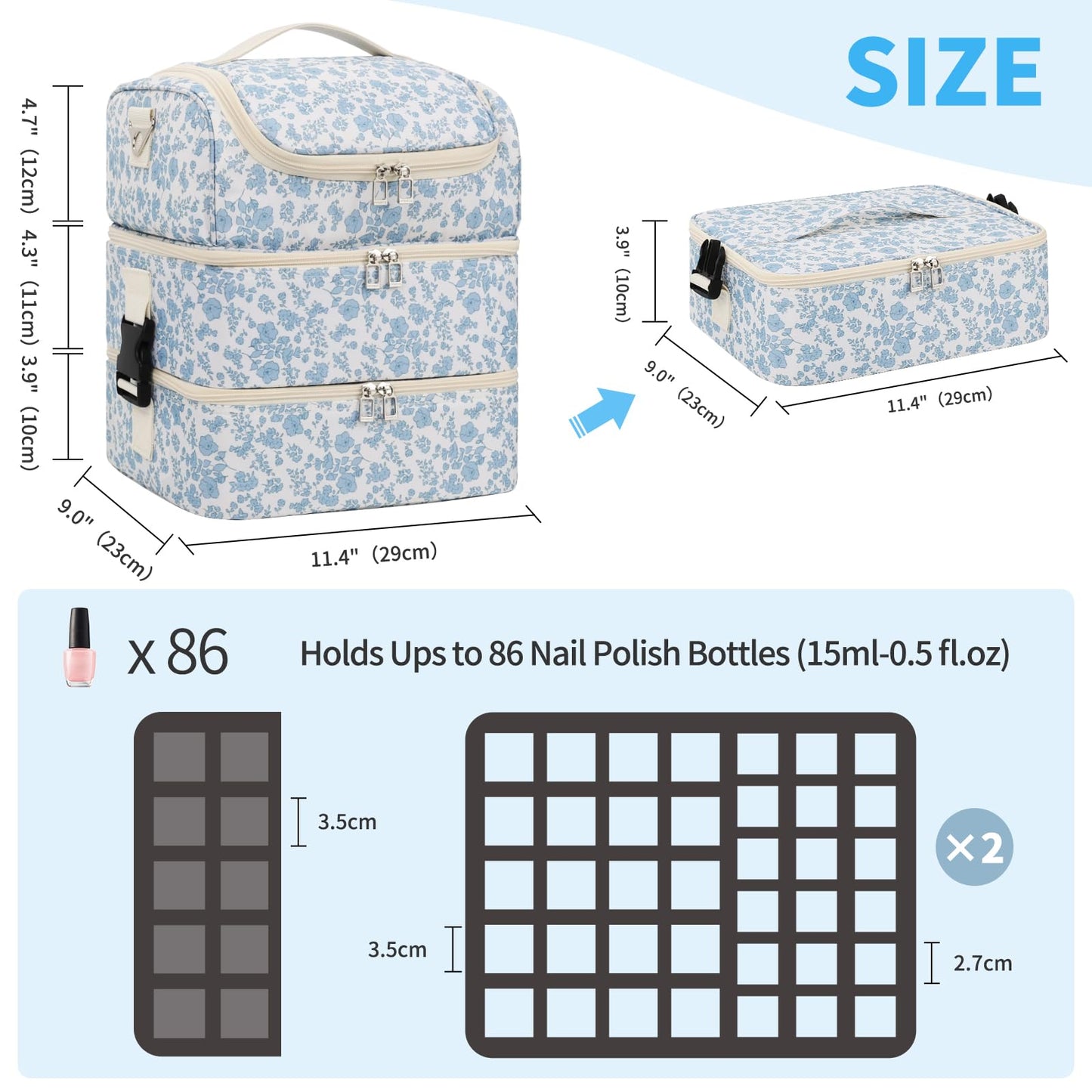 Extra Large Nail Polish Organizer - Three Layer Nail Organizers And Storage Bag, Portable Nail Supplies Organizer Case, Nail Tech Kit Travel Carrying Box with Shoulder Strap (Floral Blue, 86 Slots)