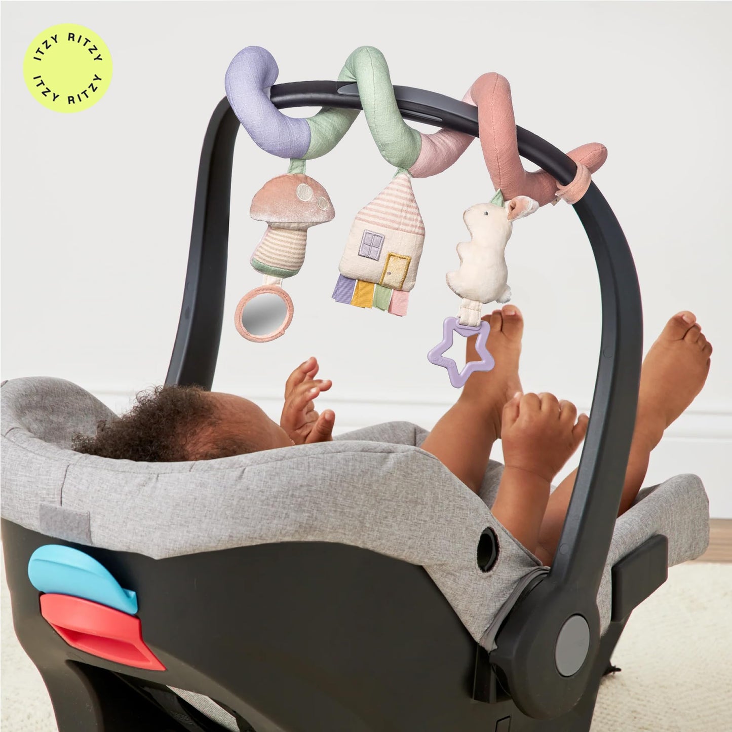 Itzy Ritzy Spiral Car Seat & Stroller Activity Toy - Stroller & Car Seat Toys for Ages 0 Months and Up - Hanging Toys Include Dangling Ring, Mirror and Textured Ribbons (Pastel Rainbow)