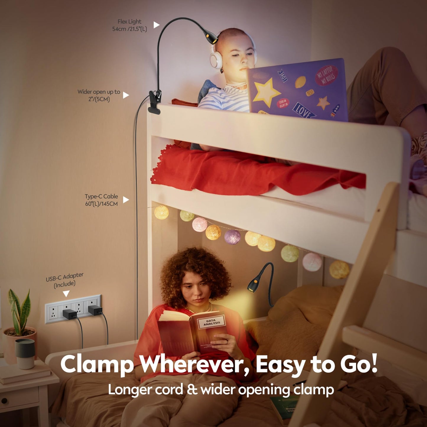 acegoo Minimalist Reading Light for Bed Headboard Dimmable Book Light Clip on Lamp with USB-C Adapter, Flexible Neck & Handy Lamp Head Switch, CRI 90+