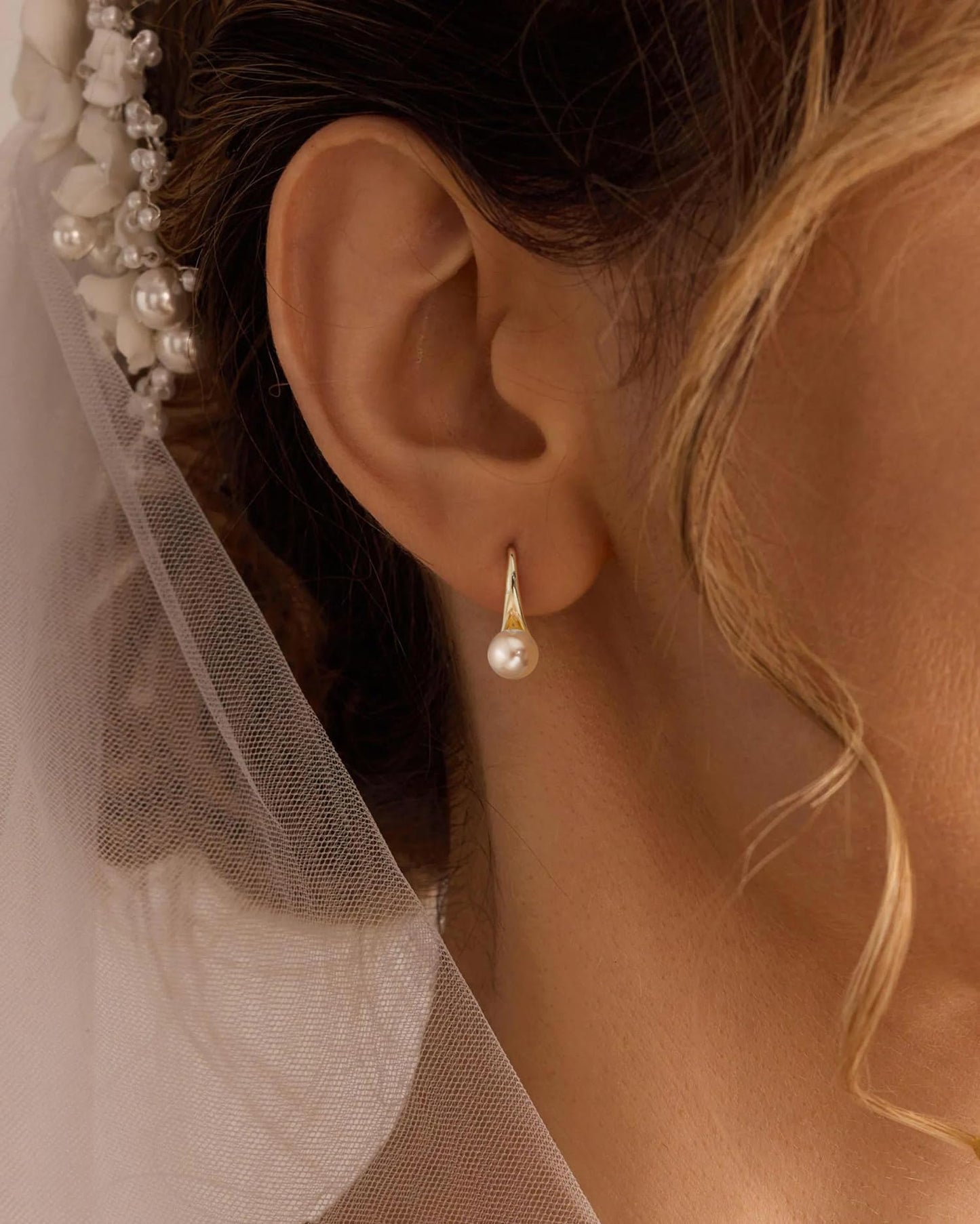 BSGRL Pearl Earrings - 14k Gold Plated Dainty Pearl Stud Earrings for Women Wedding Fish Hook Design